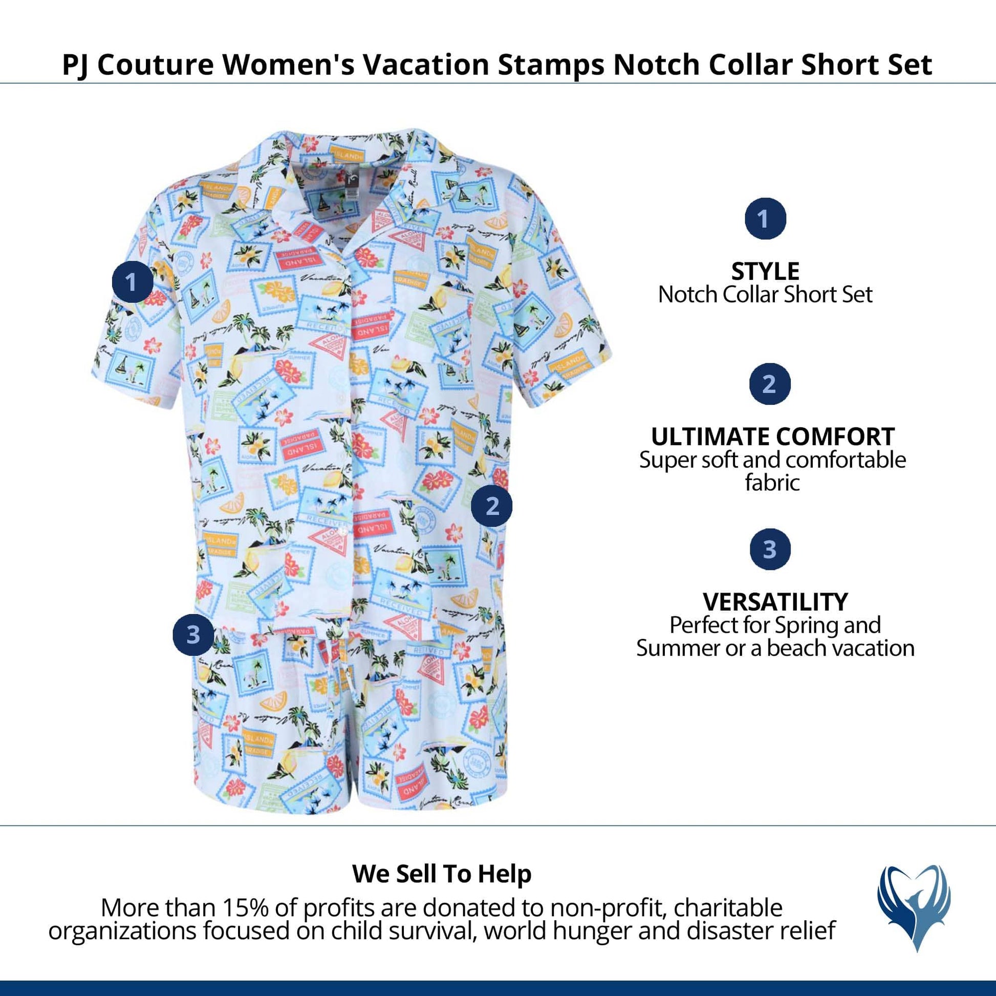 PJ Couture Women's Tropical Vacation Notch Collar Short Set - Blue