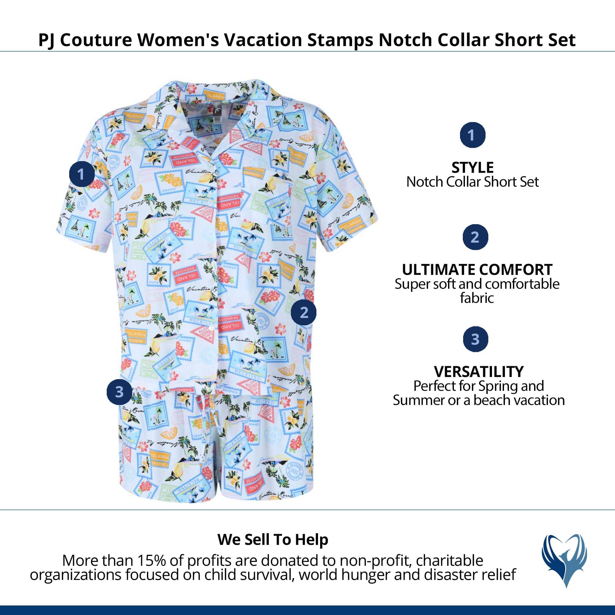 PJ Couture Women's Tropical Vacation Notch Collar Short Set - Blue