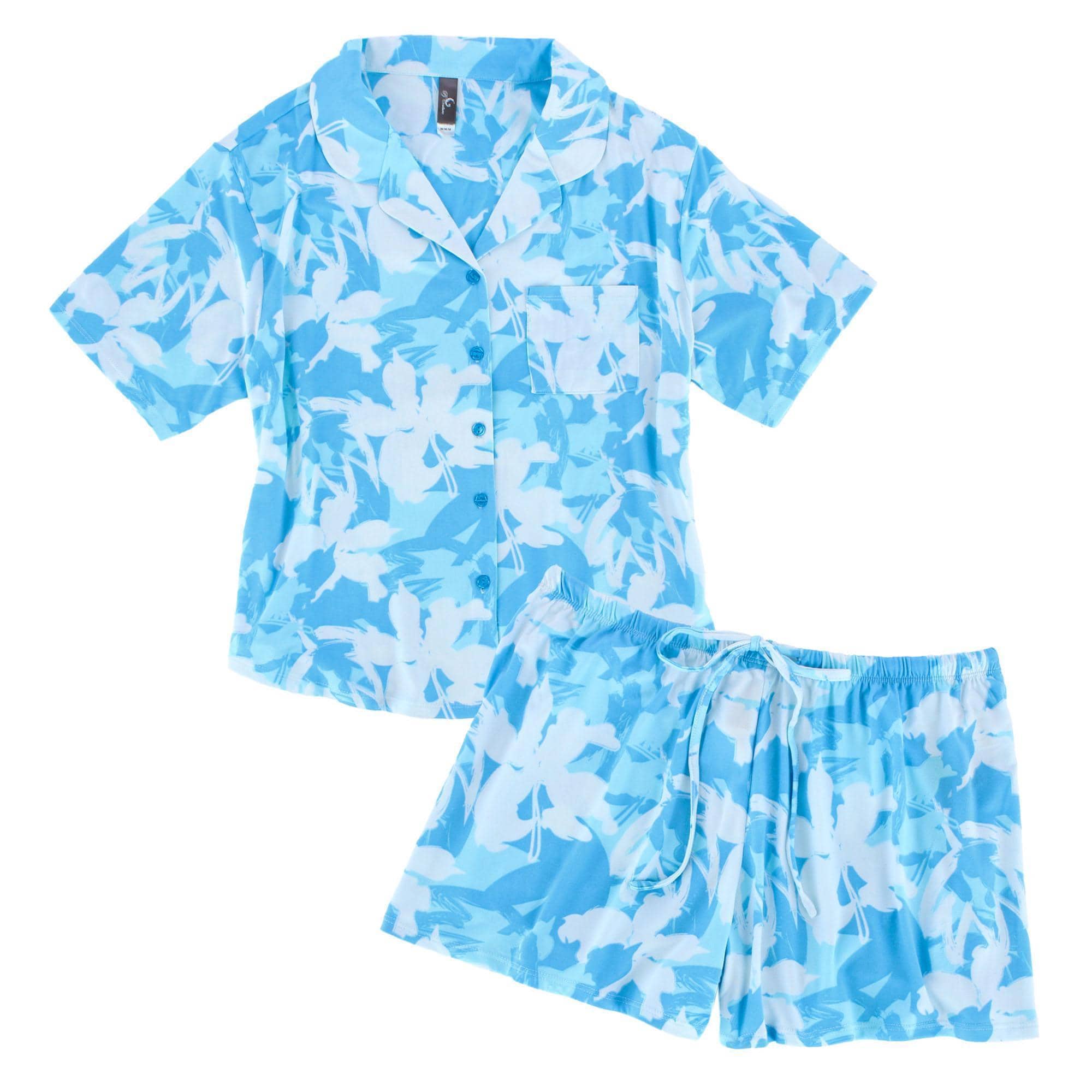 PJ Couture Women's Tropical Vacation Notch Collar Short Set - Light Blue