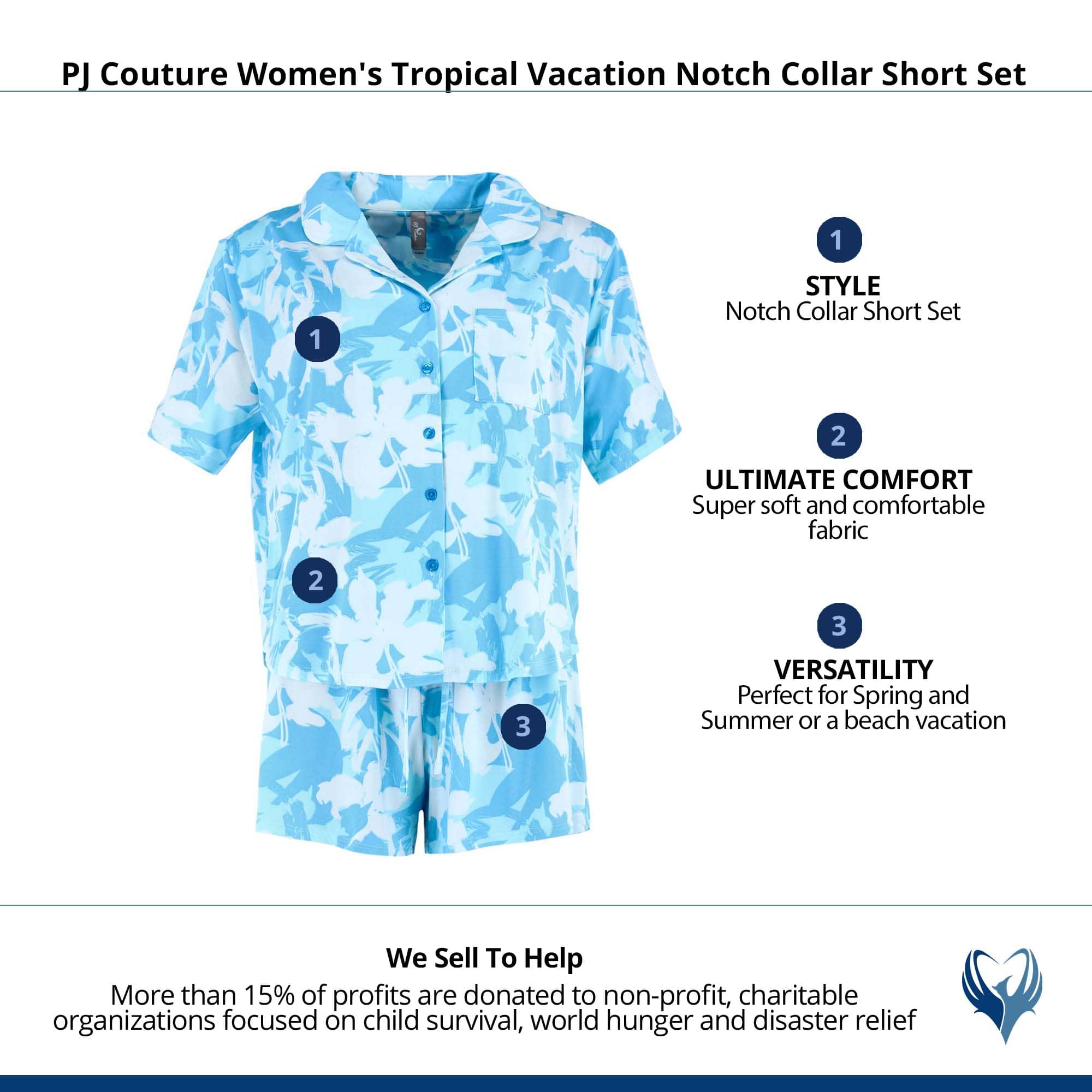PJ Couture Women's Tropical Vacation Notch Collar Short Set - Light Blue