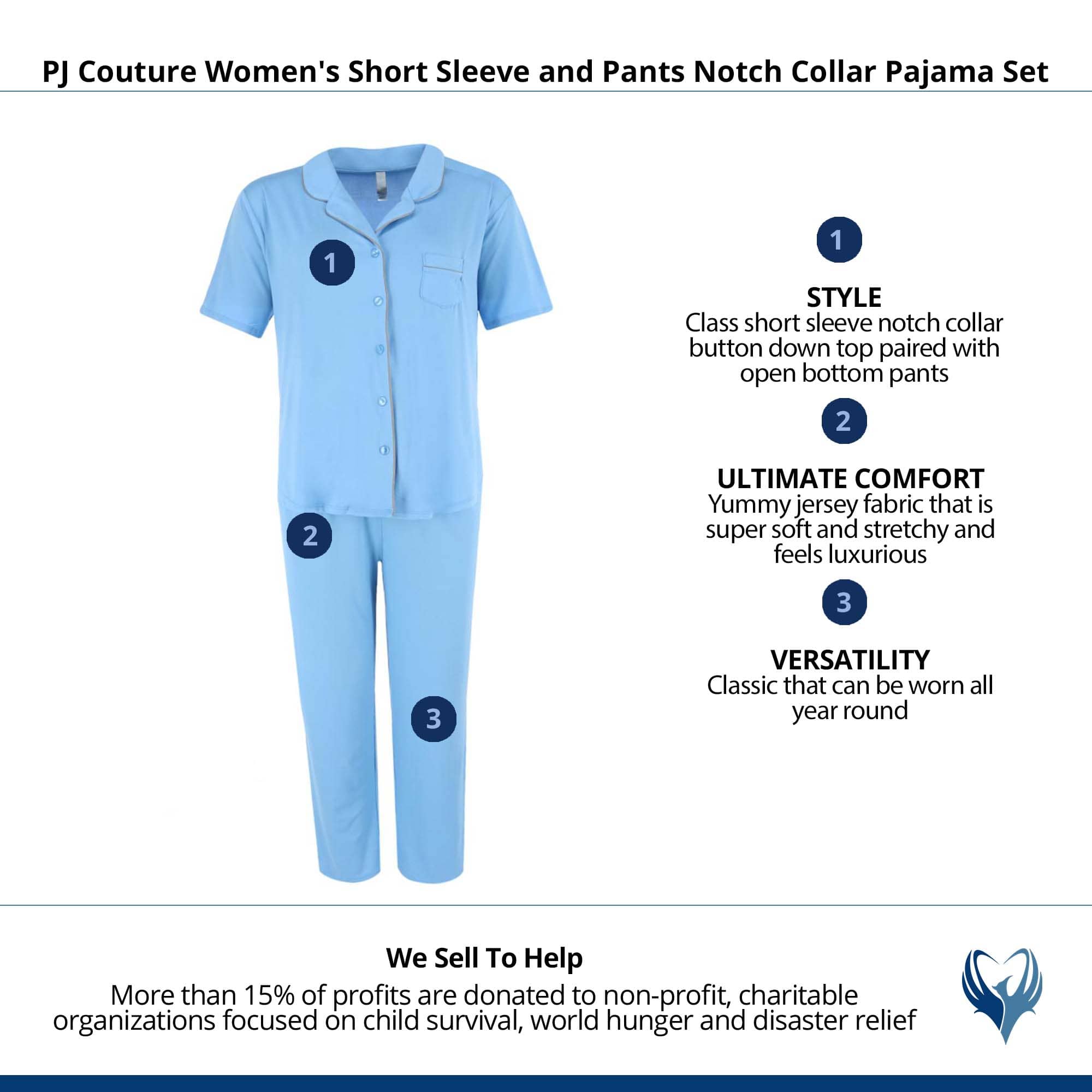 PJ Couture Women's Short Sleeve and Pants Notch Collar Pajama Set - Blue