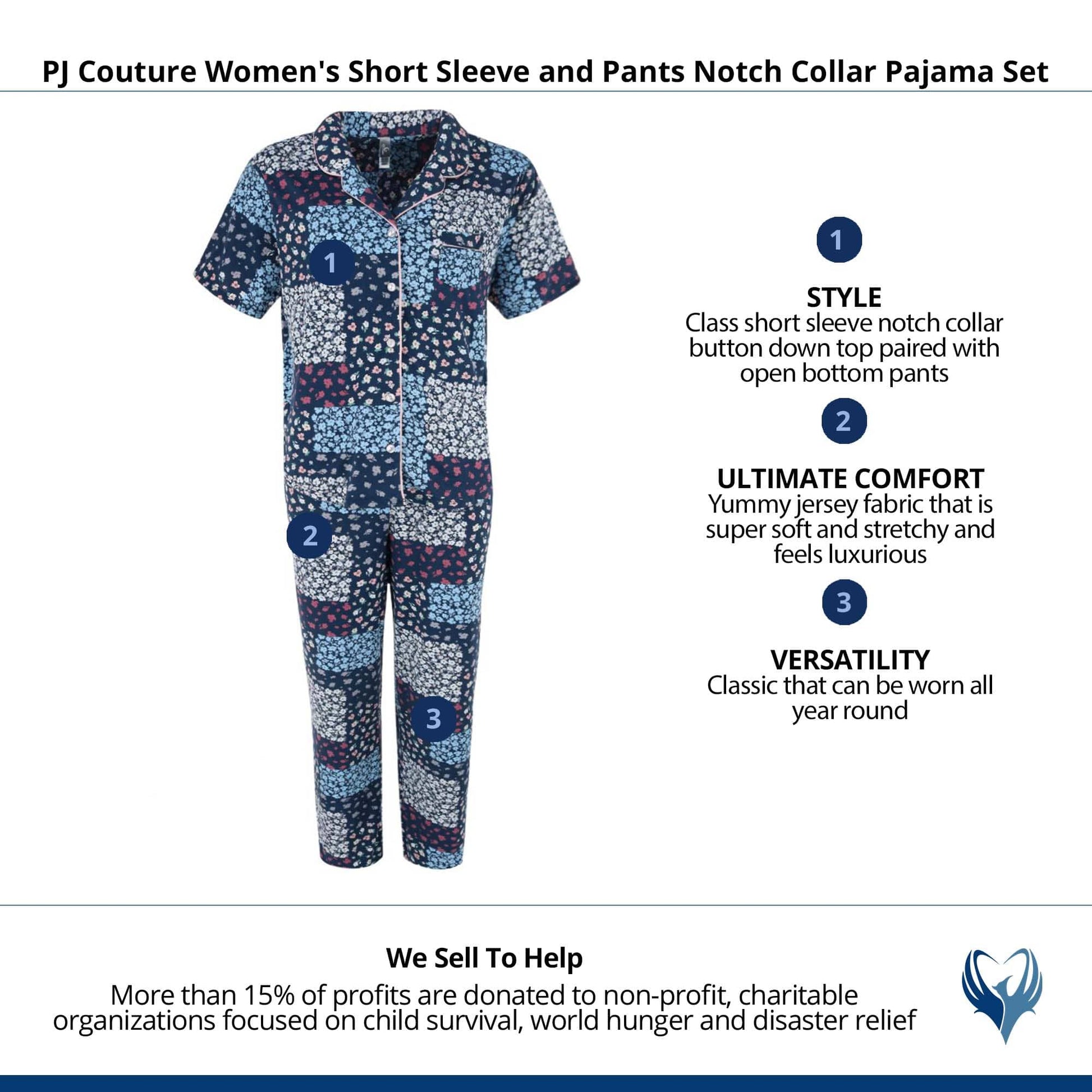 PJ Couture Women's Short Sleeve and Pants Notch Collar Pajama Set - Multi