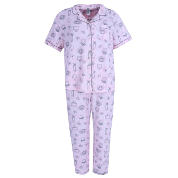 Women's Button Down Notch Collar Short Sleeve Capri Set