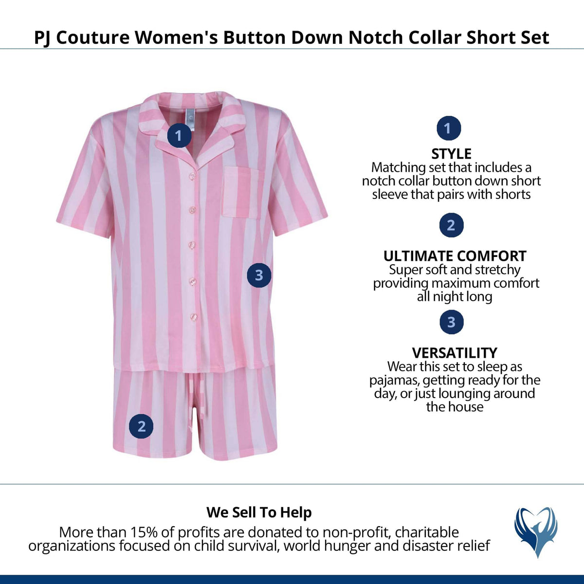 PJ Couture Women's Button Down Polka Dot Stripe Pajama Short Set - Light Pink Stripe