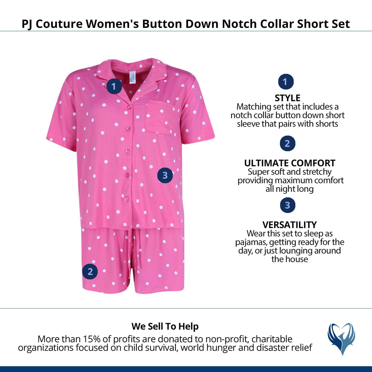 PJ Couture Women's Button Down Polka Dot Stripe Pajama Short Set - Hot Pink