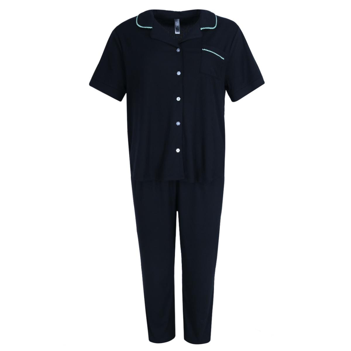 PJ Couture Women's Button Down Wavy Notch Collar Short Sleeve Capri Set - Black