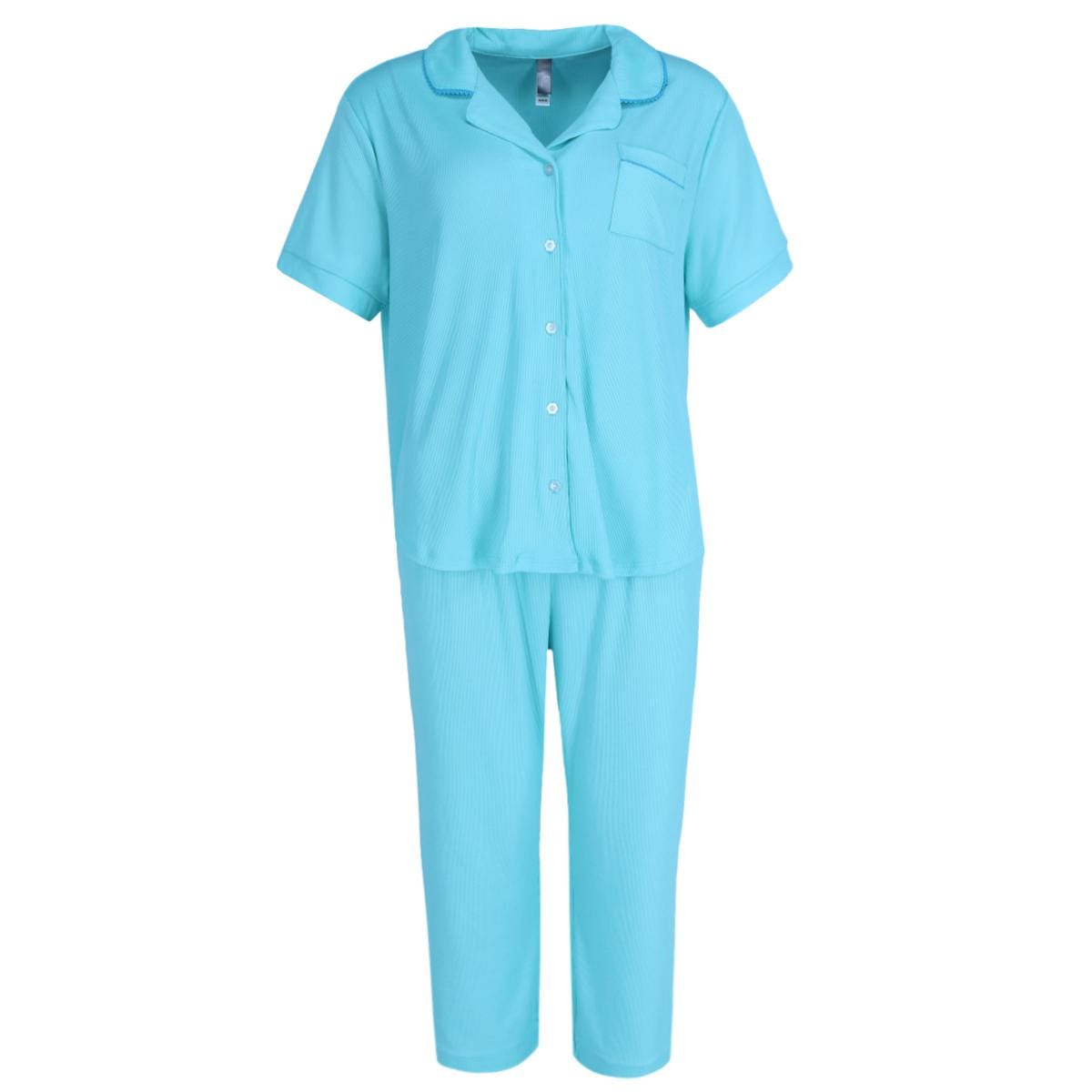 PJ Couture Women's Button Down Wavy Notch Collar Short Sleeve Capri Set - Teal
