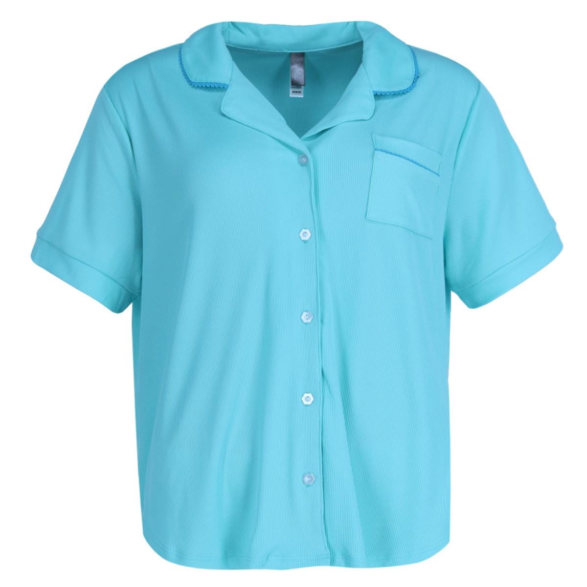 PJ Couture Women's Button Down Wavy Notch Collar Short Sleeve Capri Set - Teal