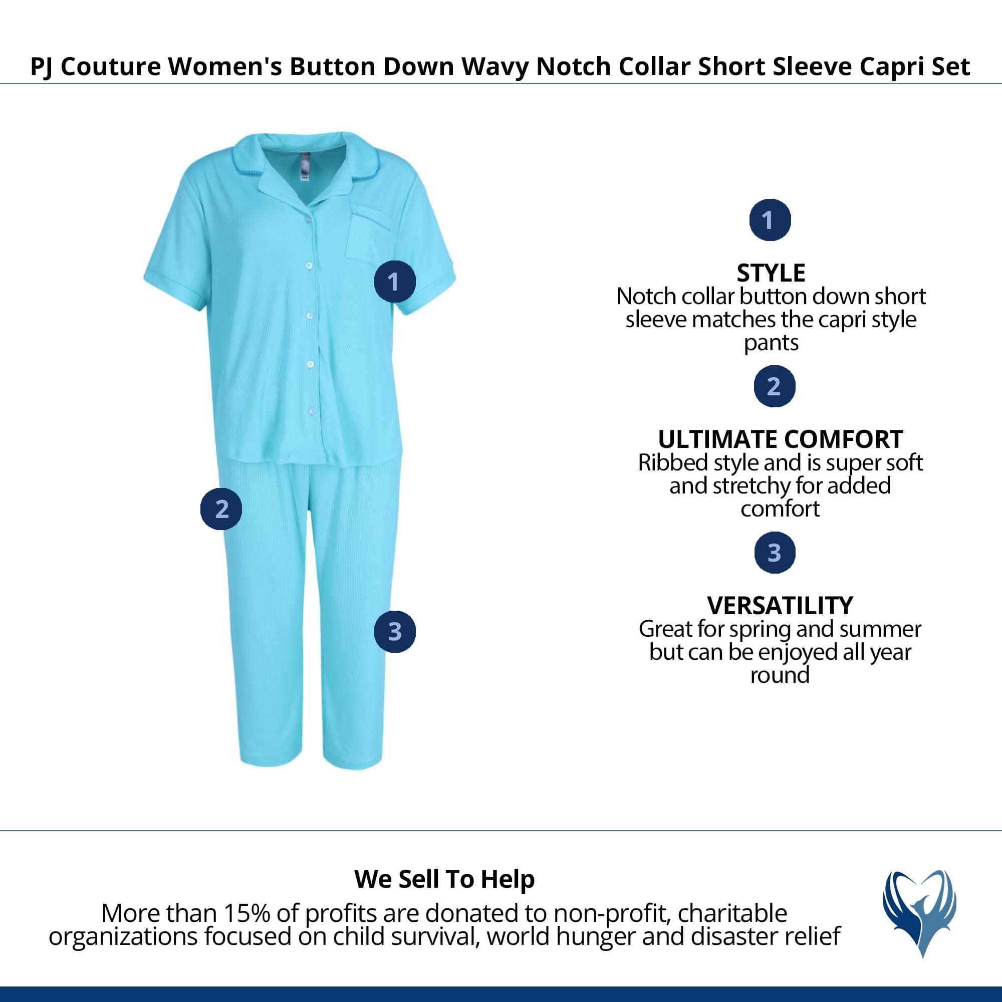 PJ Couture Women's Button Down Wavy Notch Collar Short Sleeve Capri Set - Teal