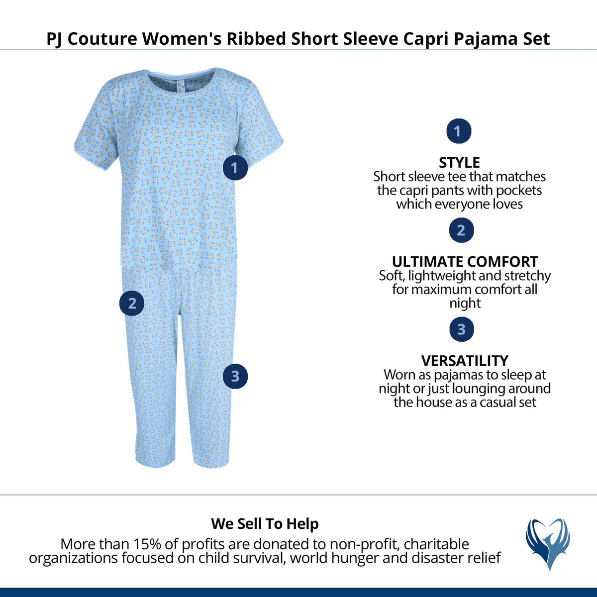 PJ Couture Women's Ribbed Short Sleeve Capri Pajama Set - Blue