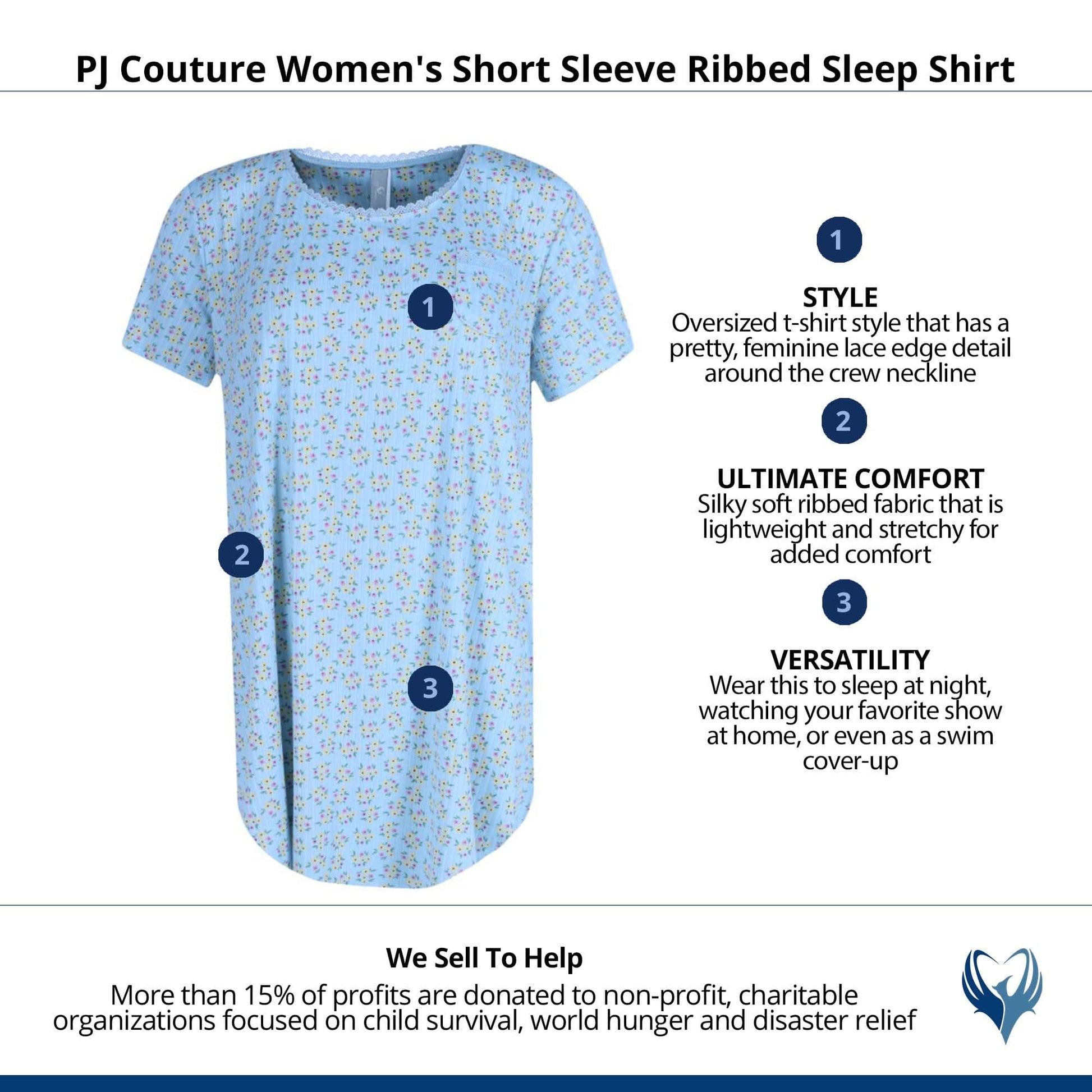 PJ Couture Women's Short Sleeve Ribbed Sleep Shirt - Blue