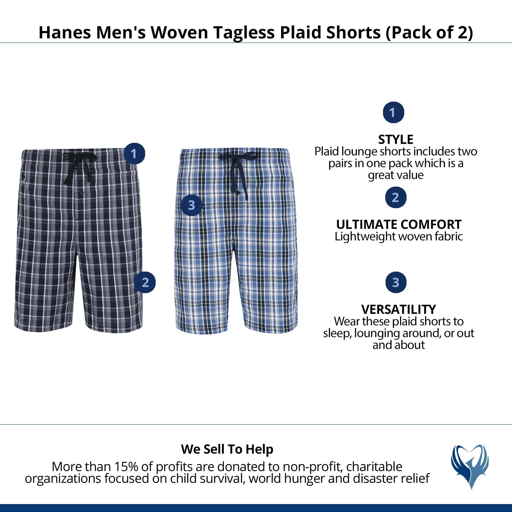 Hanes Men's Woven Tagless Plaid Shorts (Pack of 2) - Blue/Black Plaid
