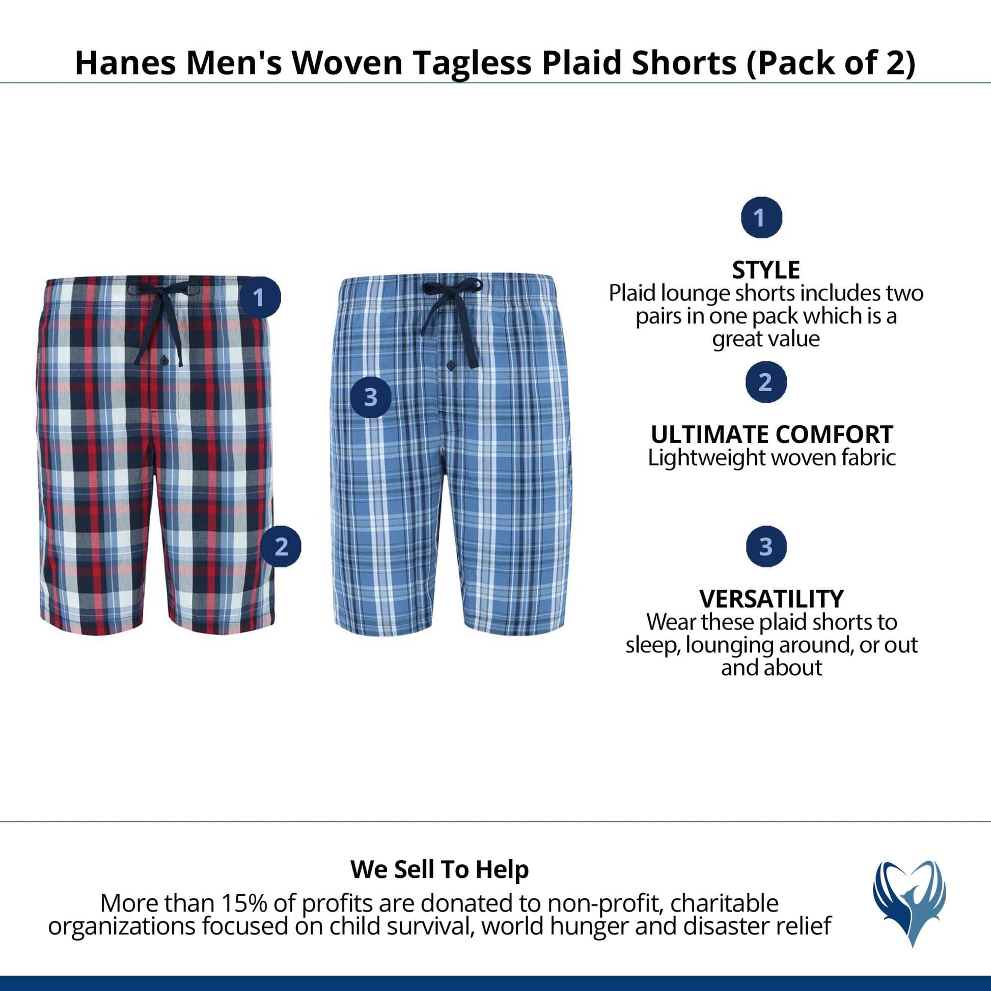 Hanes Men's Woven Tagless Plaid Shorts (Pack of 2) - Red/Blue Plaid