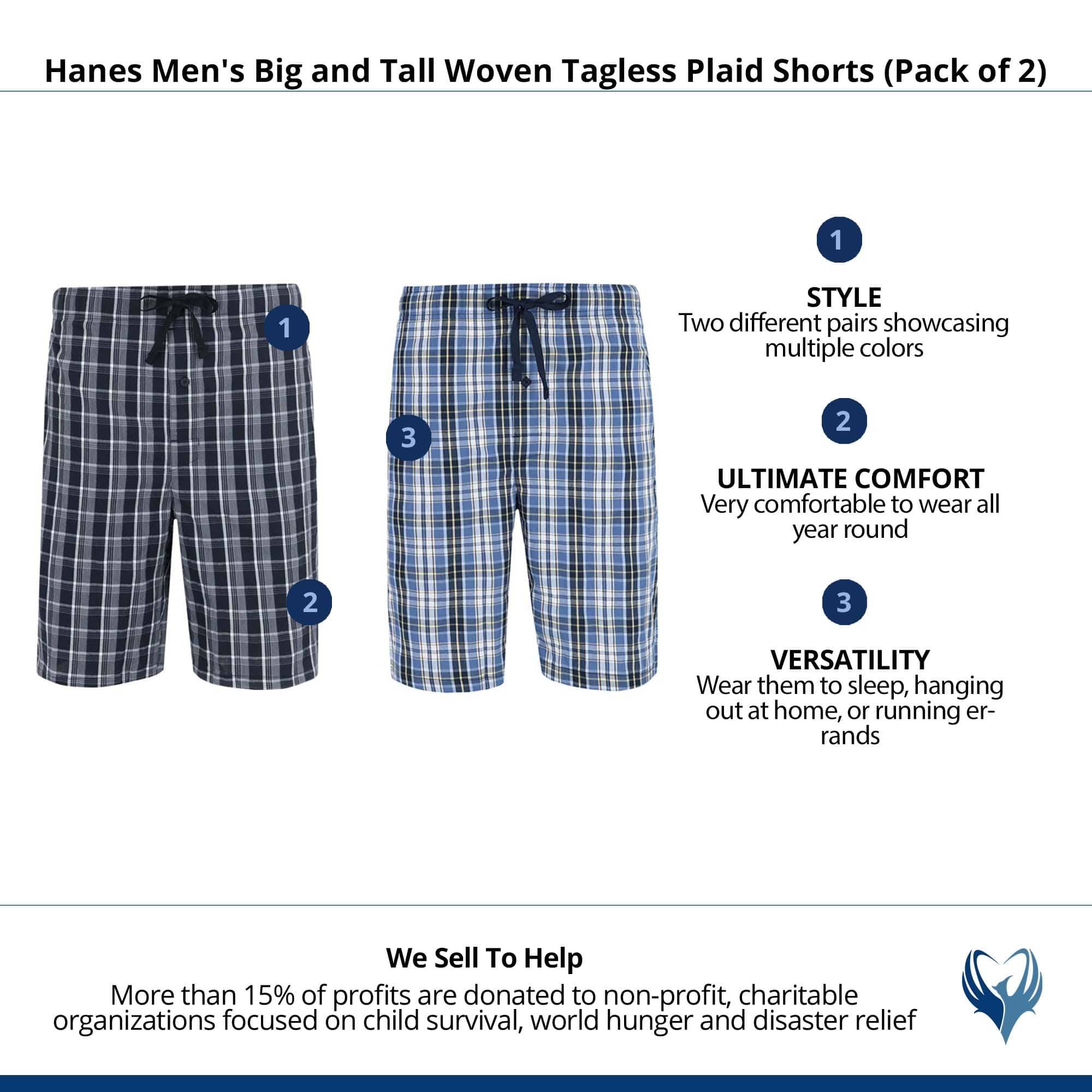 Hanes Men's Big and Tall Woven Tagless Plaid Shorts (Pack of 2) - Blue/Black Plaid