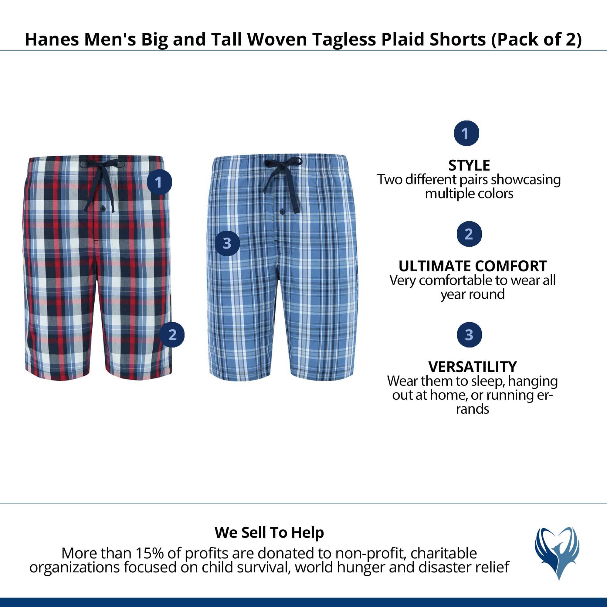 Hanes Men's Big and Tall Woven Tagless Plaid Shorts (Pack of 2) - Red/Blue Plaid