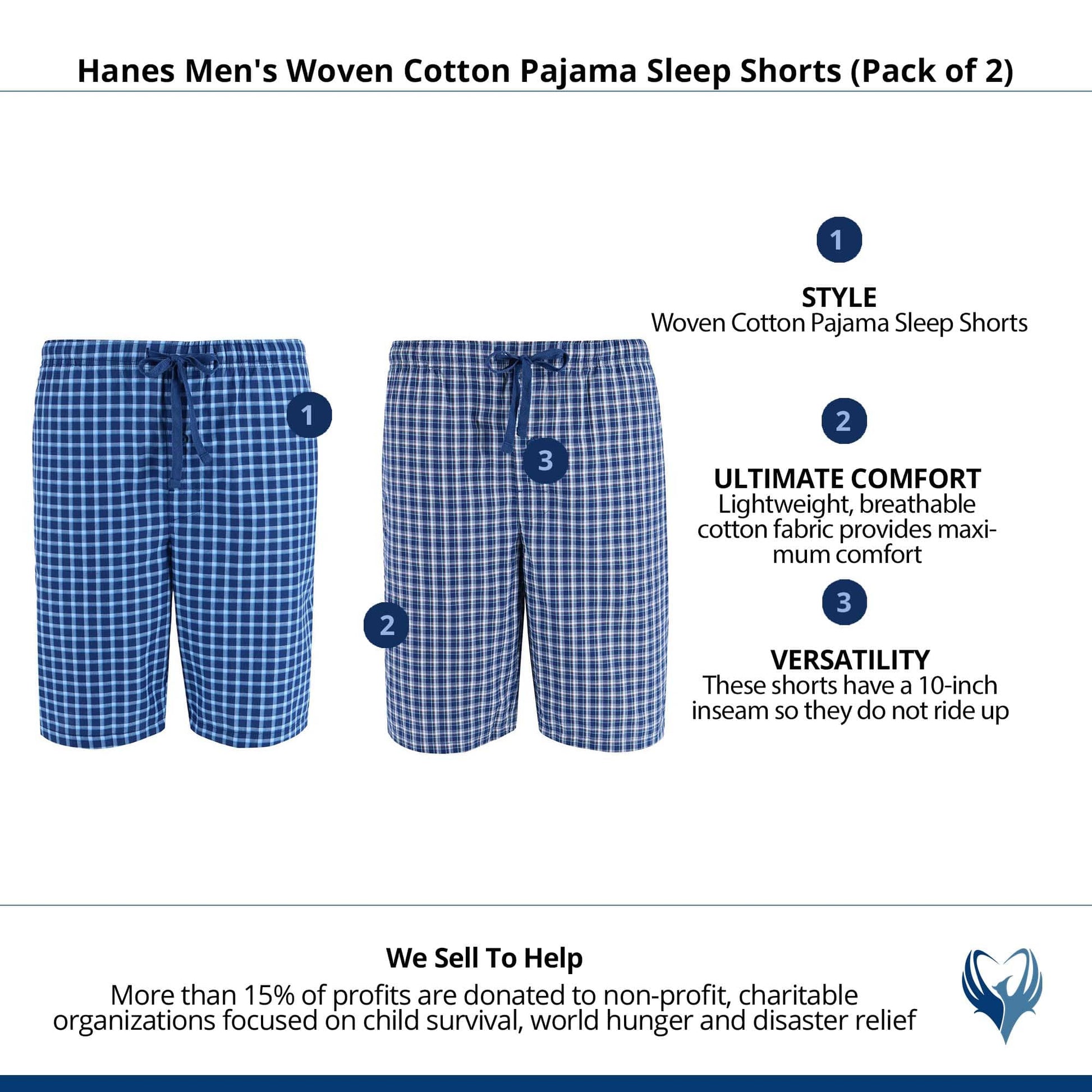 Hanes Men's Woven Cotton Pajama Sleep Shorts (Pack of 2) - Navy Plaid and Navy