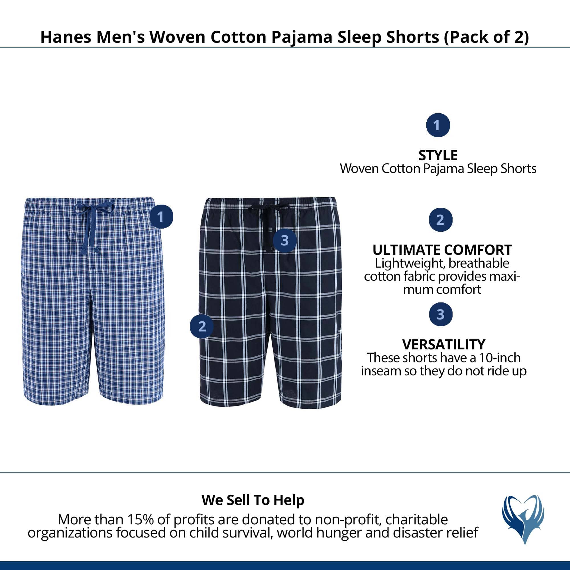 Hanes Men's Woven Cotton Pajama Sleep Shorts (Pack of 2) - Navy and Black