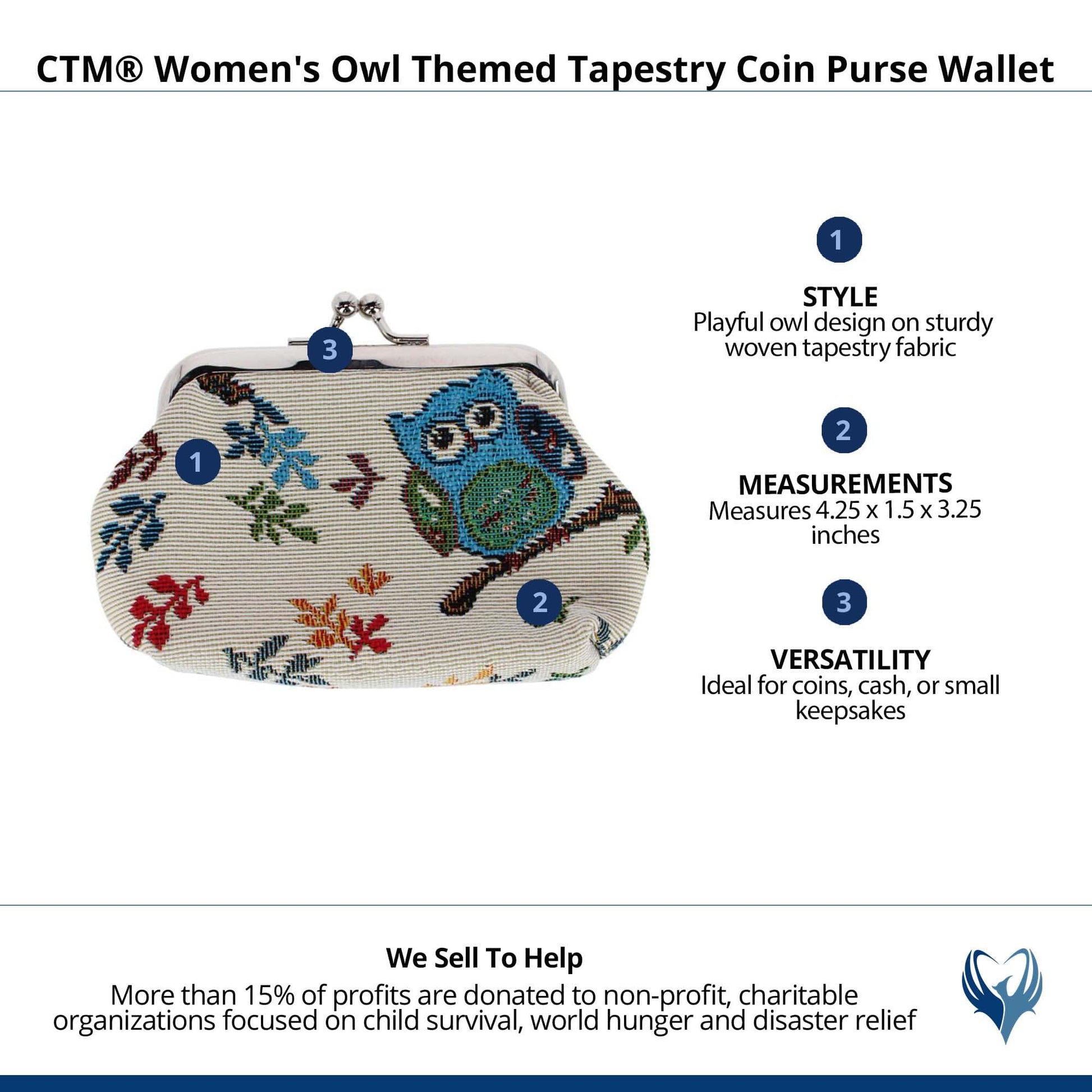 CTM® Women's Owl Themed Tapestry Coin Purse Wallet - Multiple