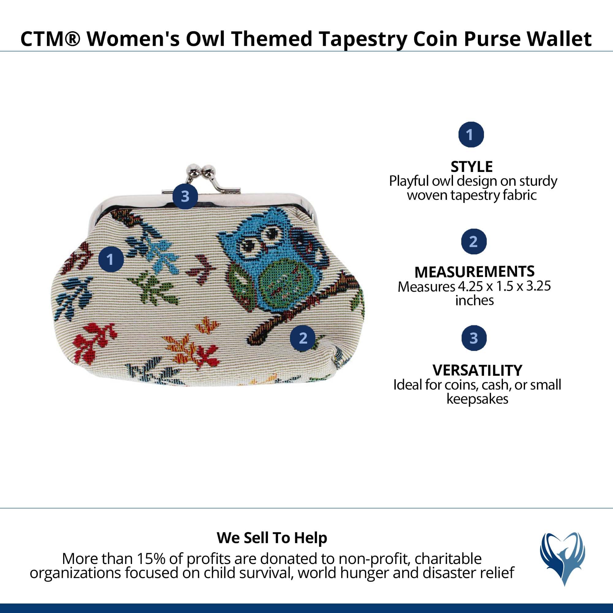 CTM® Women's Owl Themed Tapestry Coin Purse Wallet - Multiple