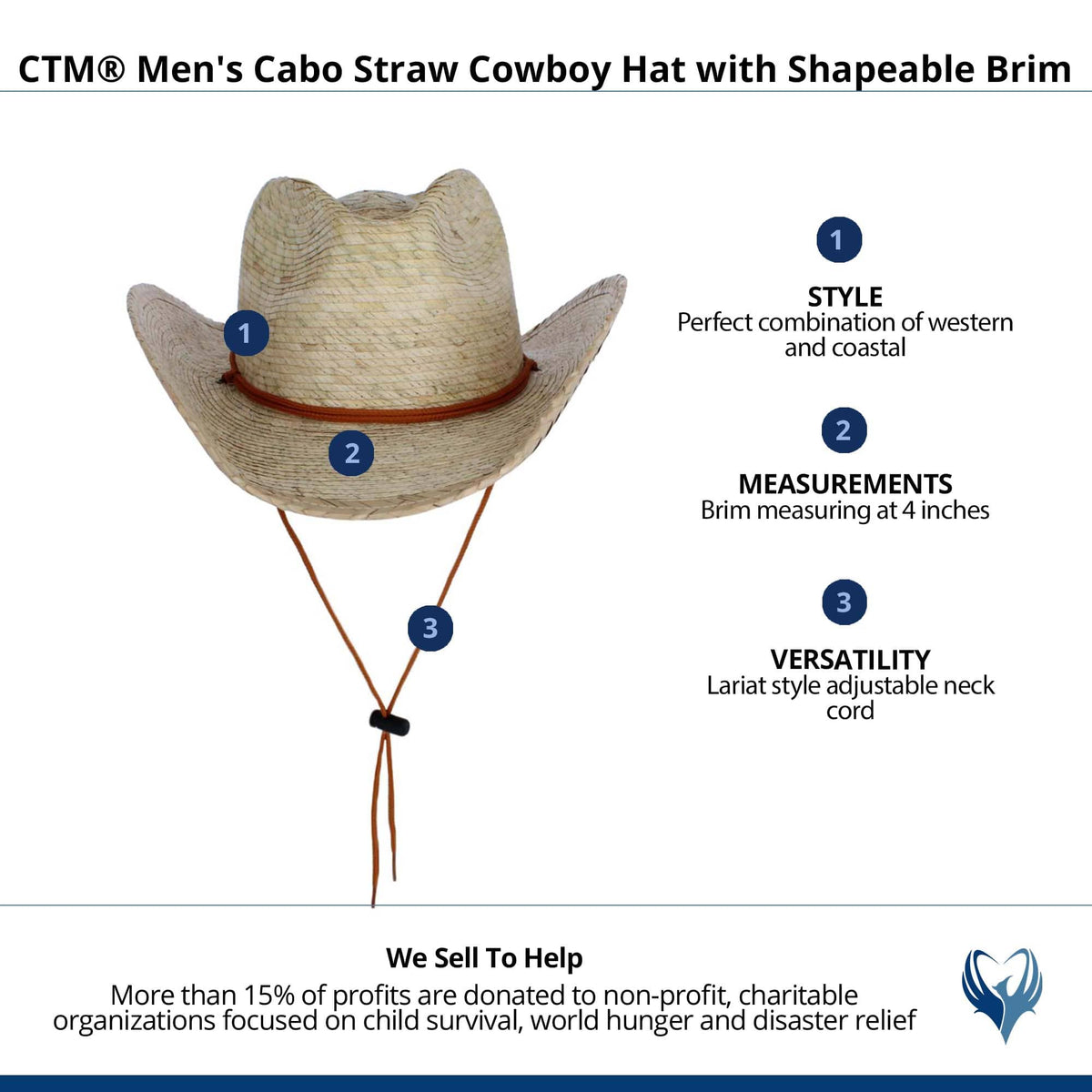 CTM® Unisex Cabo Straw Cowboy Hat with Shapeable Brim - Straw