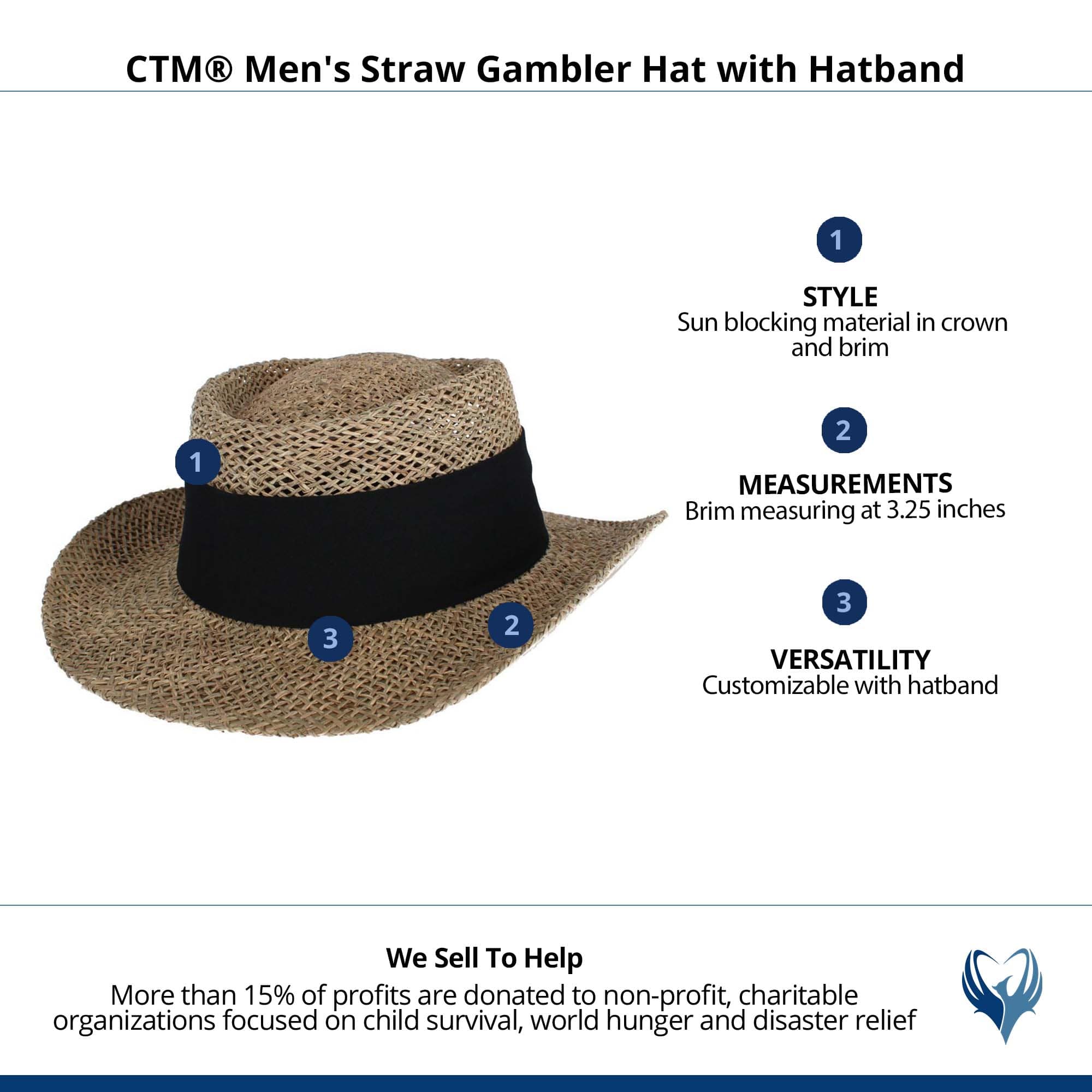 CTM® Unisex Straw Gambler Hat with Hatband - Black