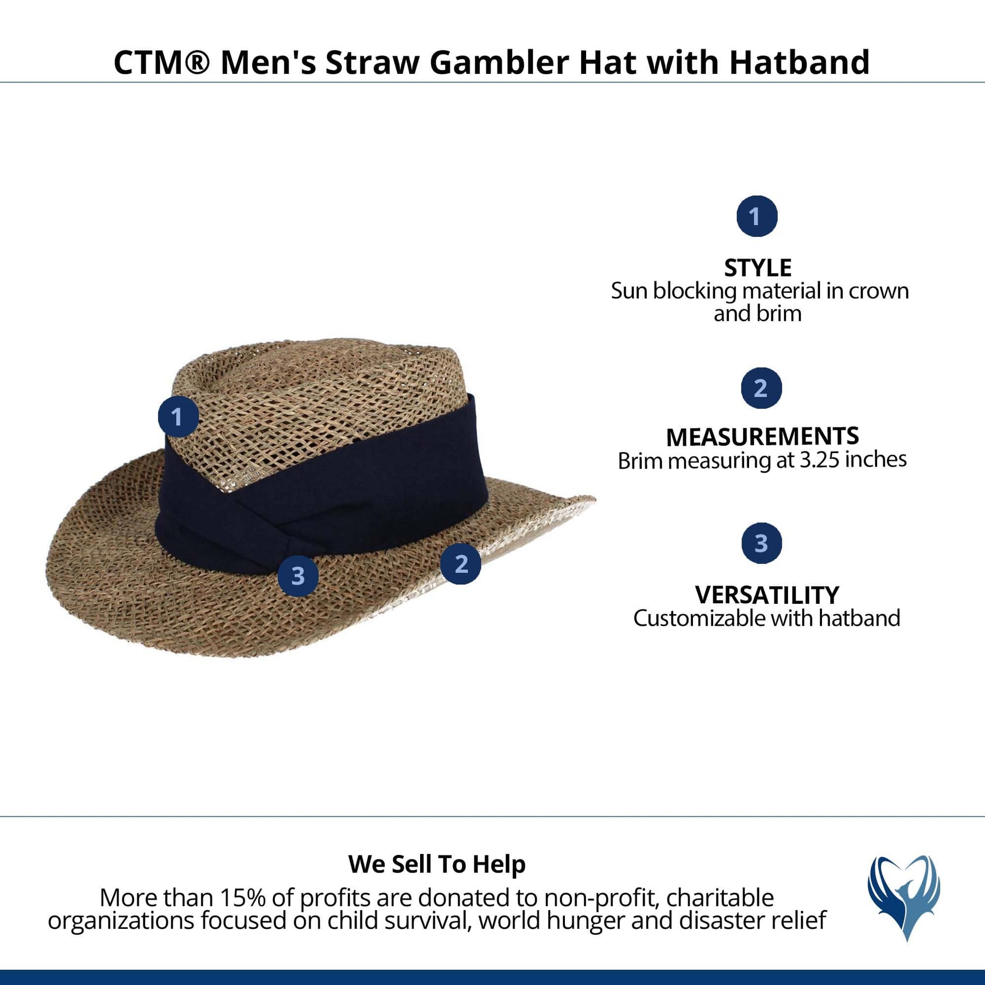 CTM® Unisex Straw Gambler Hat with Hatband - Navy
