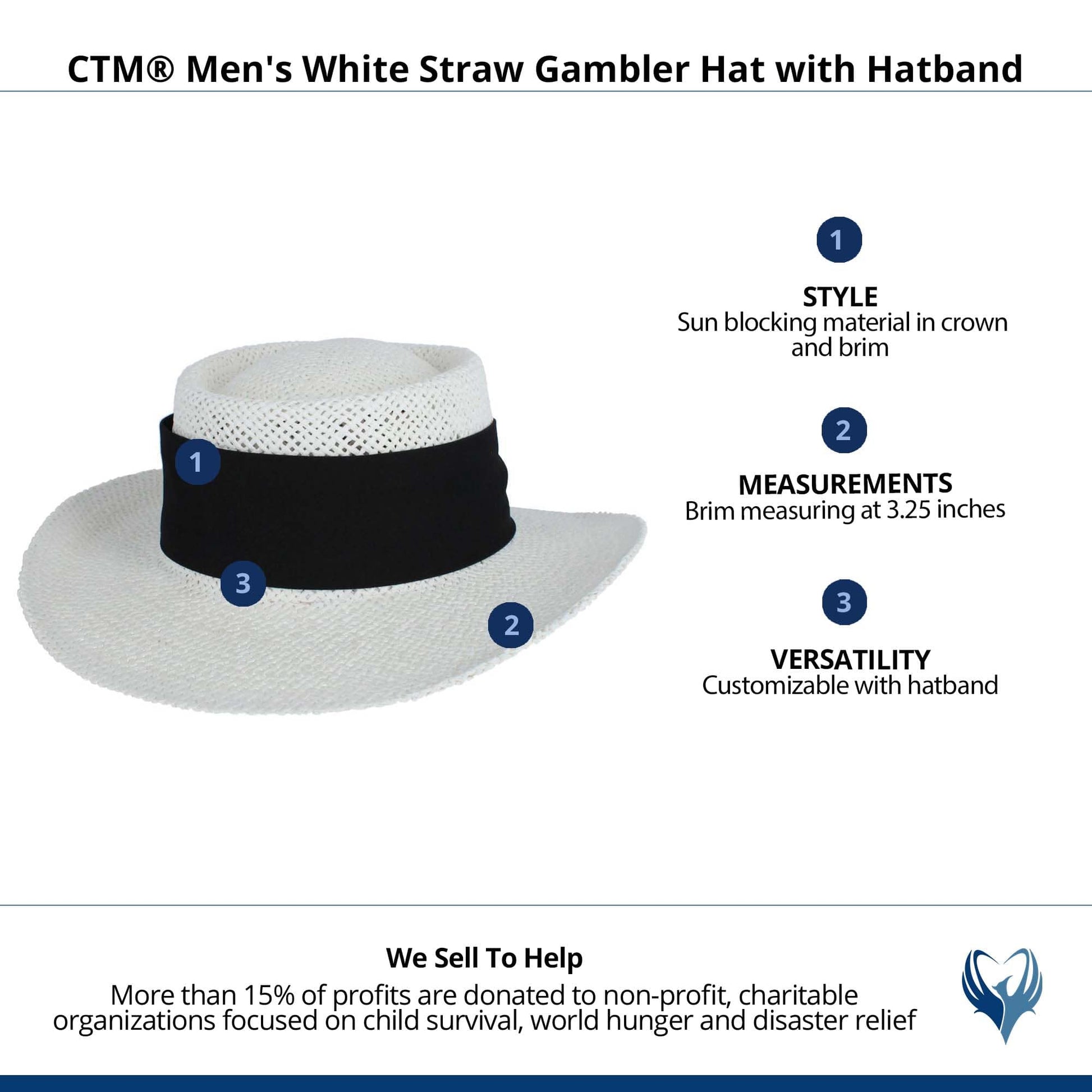 CTM® Unisex White Straw Gambler Hat with Hatband - Black