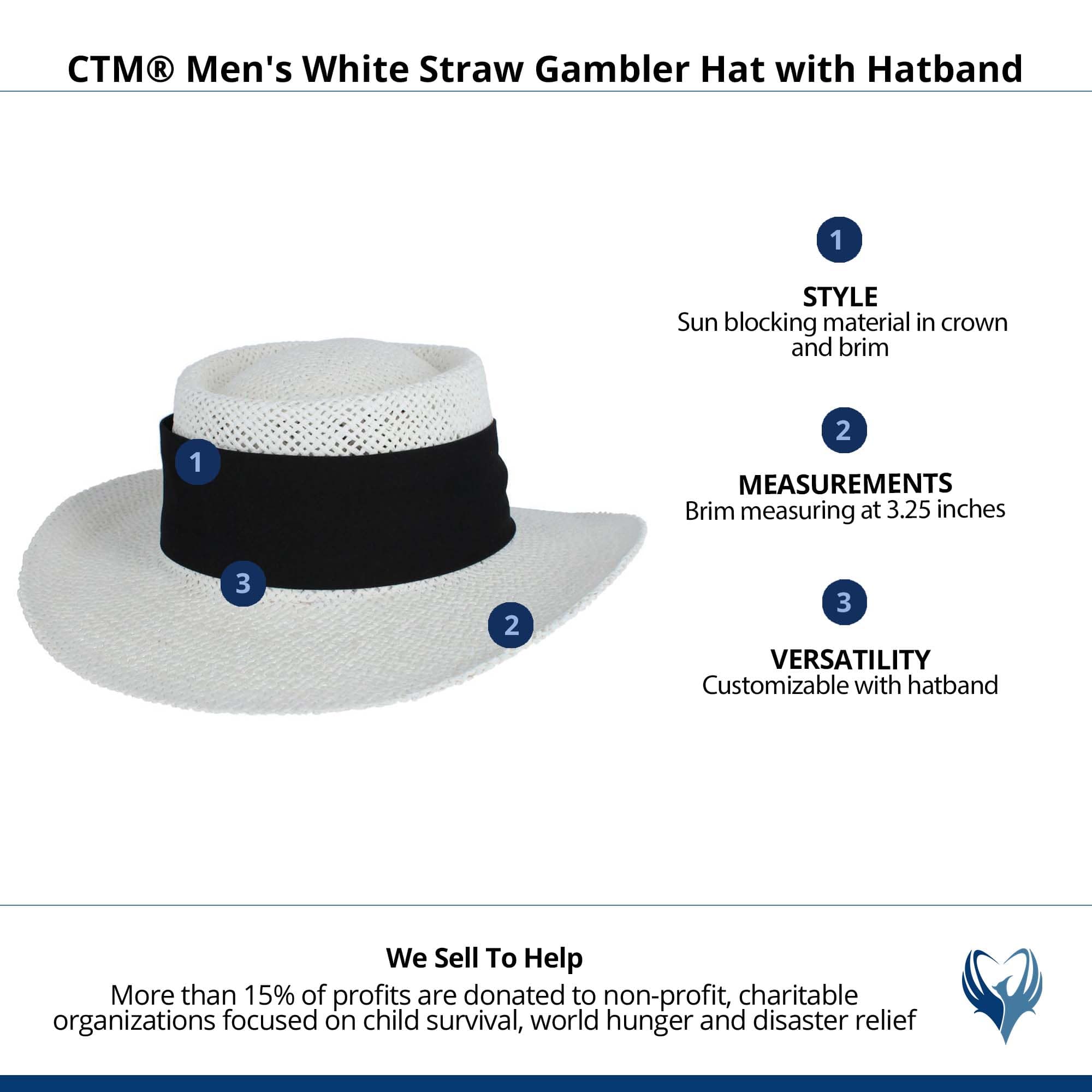 CTM® Unisex White Straw Gambler Hat with Hatband - Black