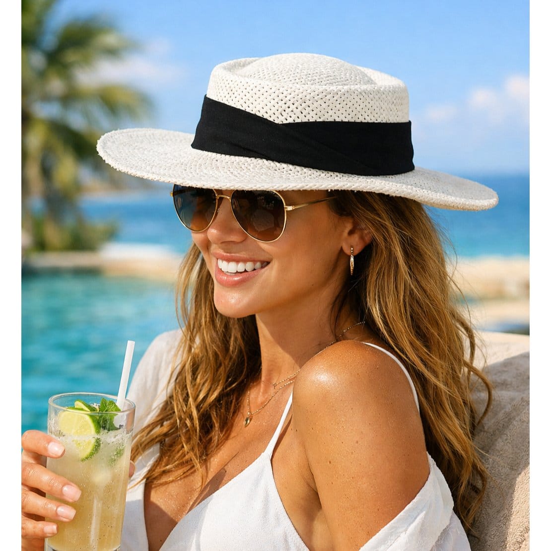 CTM® Unisex White Straw Gambler Hat with Hatband - Black