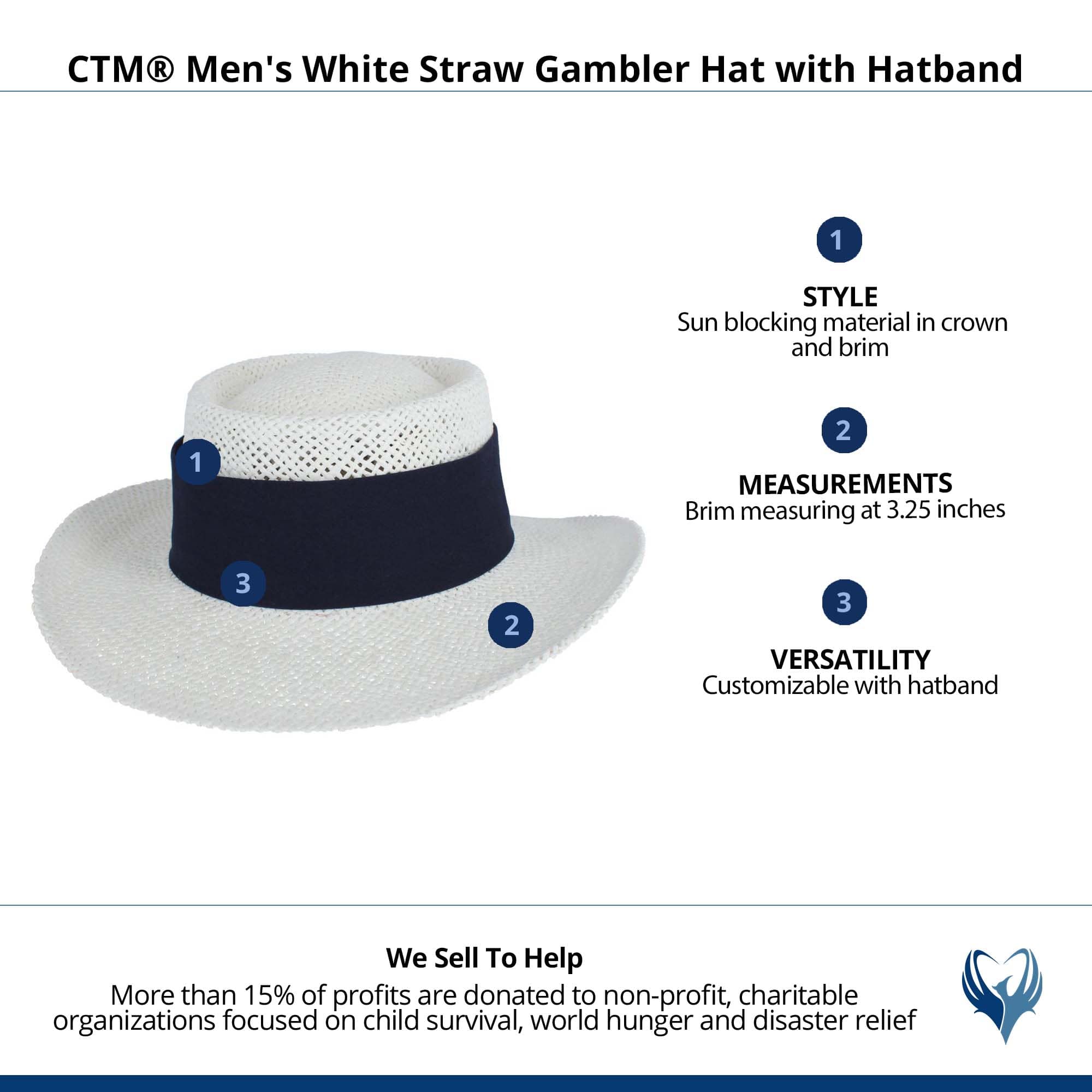 CTM® Unisex White Straw Gambler Hat with Hatband - Navy