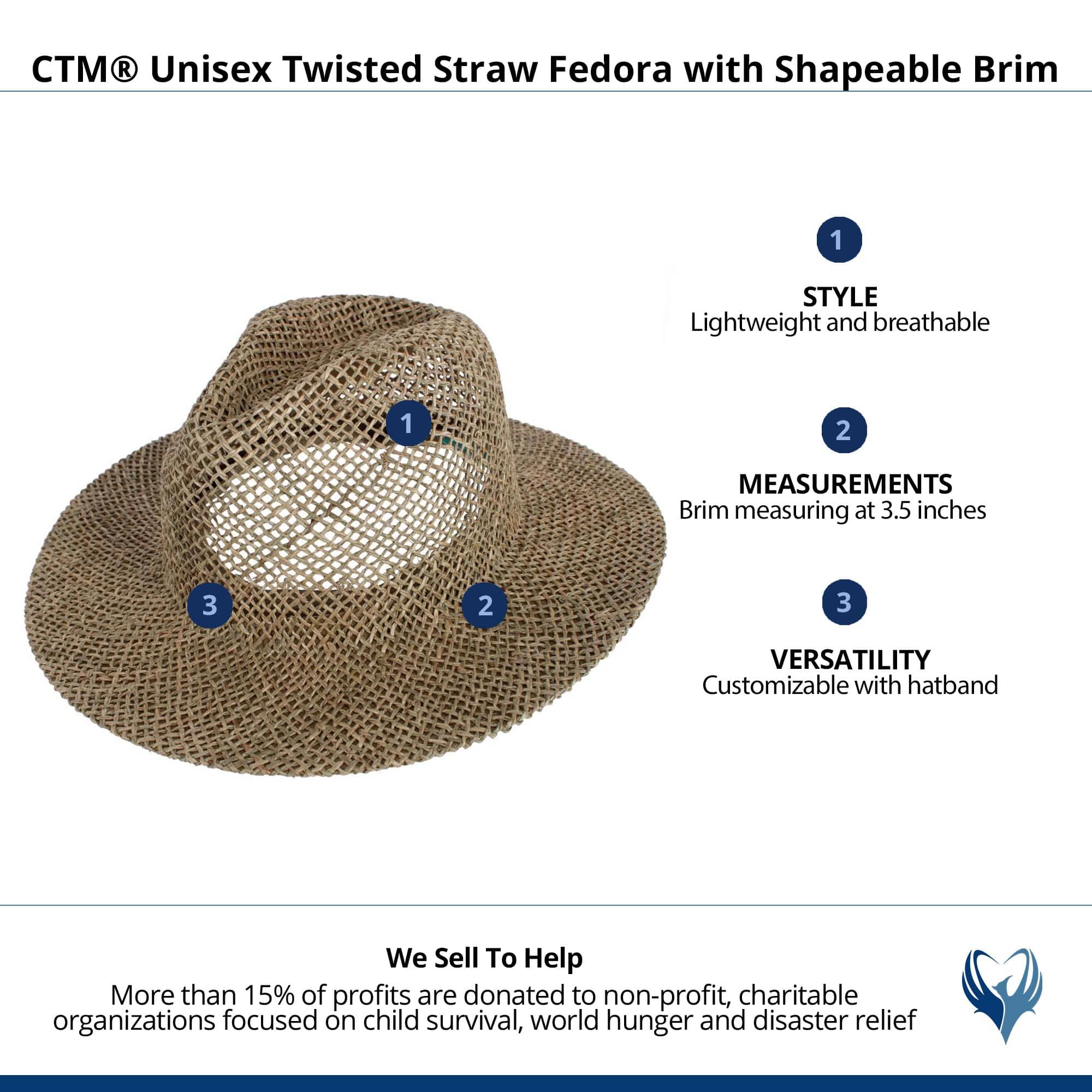 CTM® Unisex Twisted Straw Fedora with Shapeable Brim - Straw