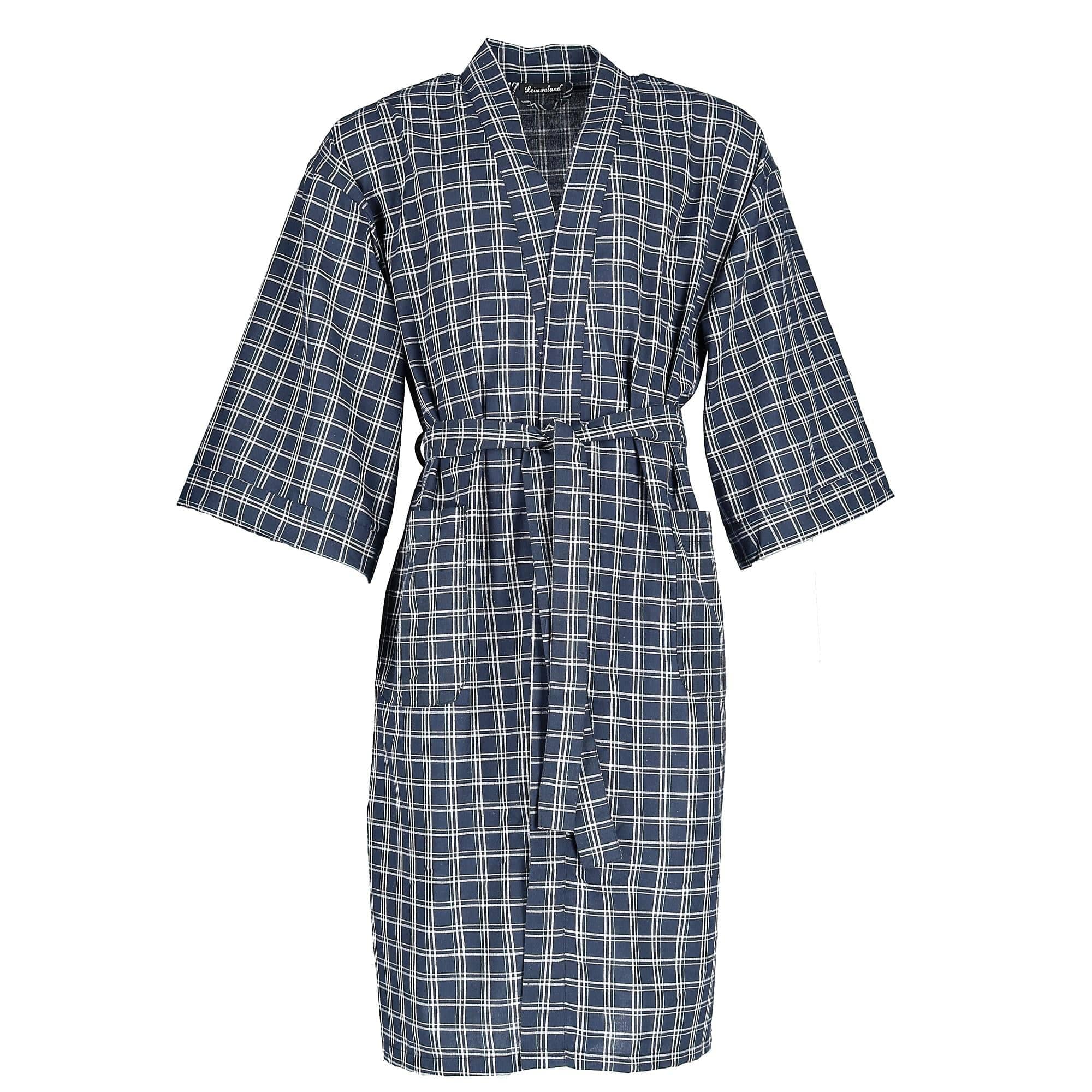 Leisureland Men's Plaid Kimono Broadcloth Robe - Blue