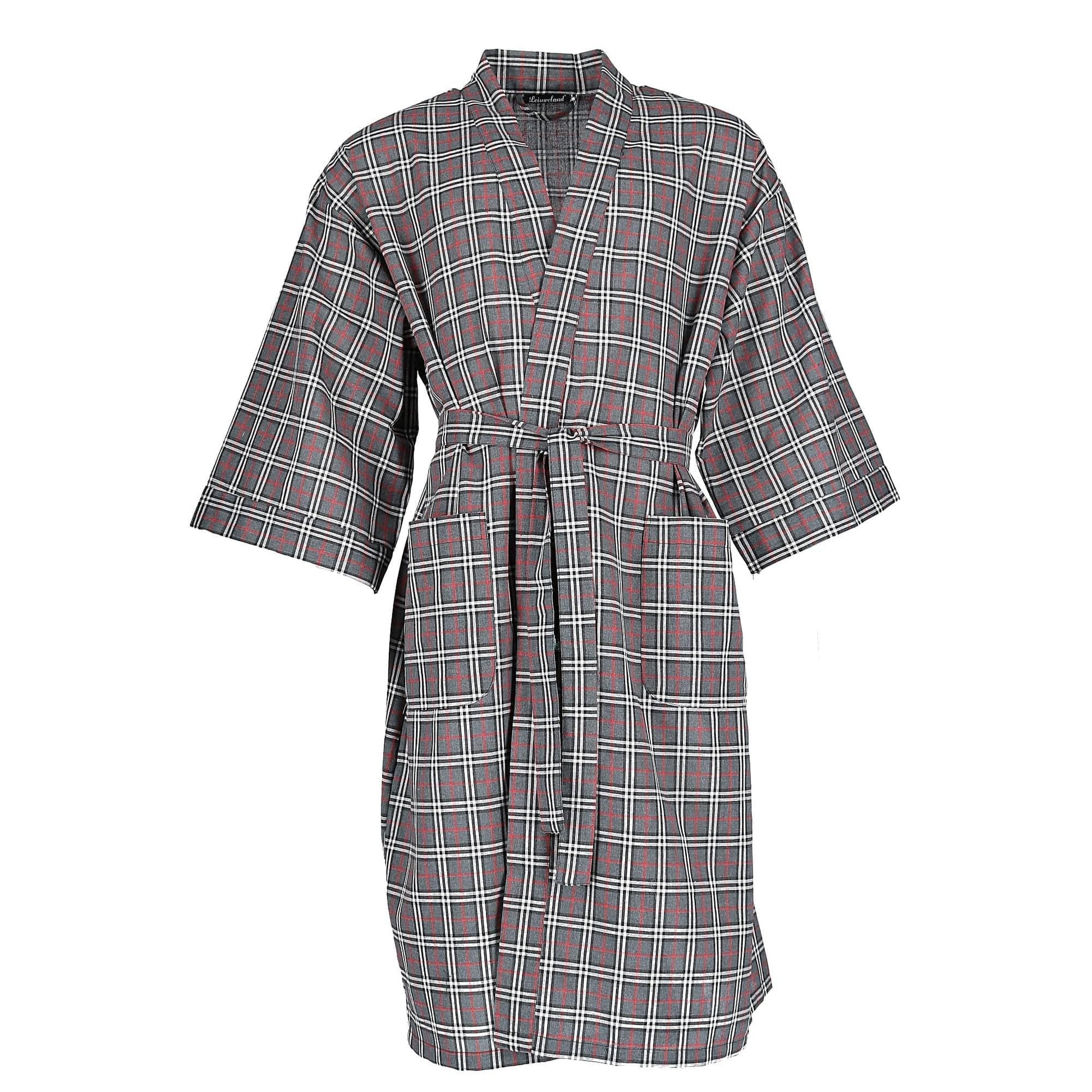 Leisureland Men's Plaid Kimono Broadcloth Robe - Grey