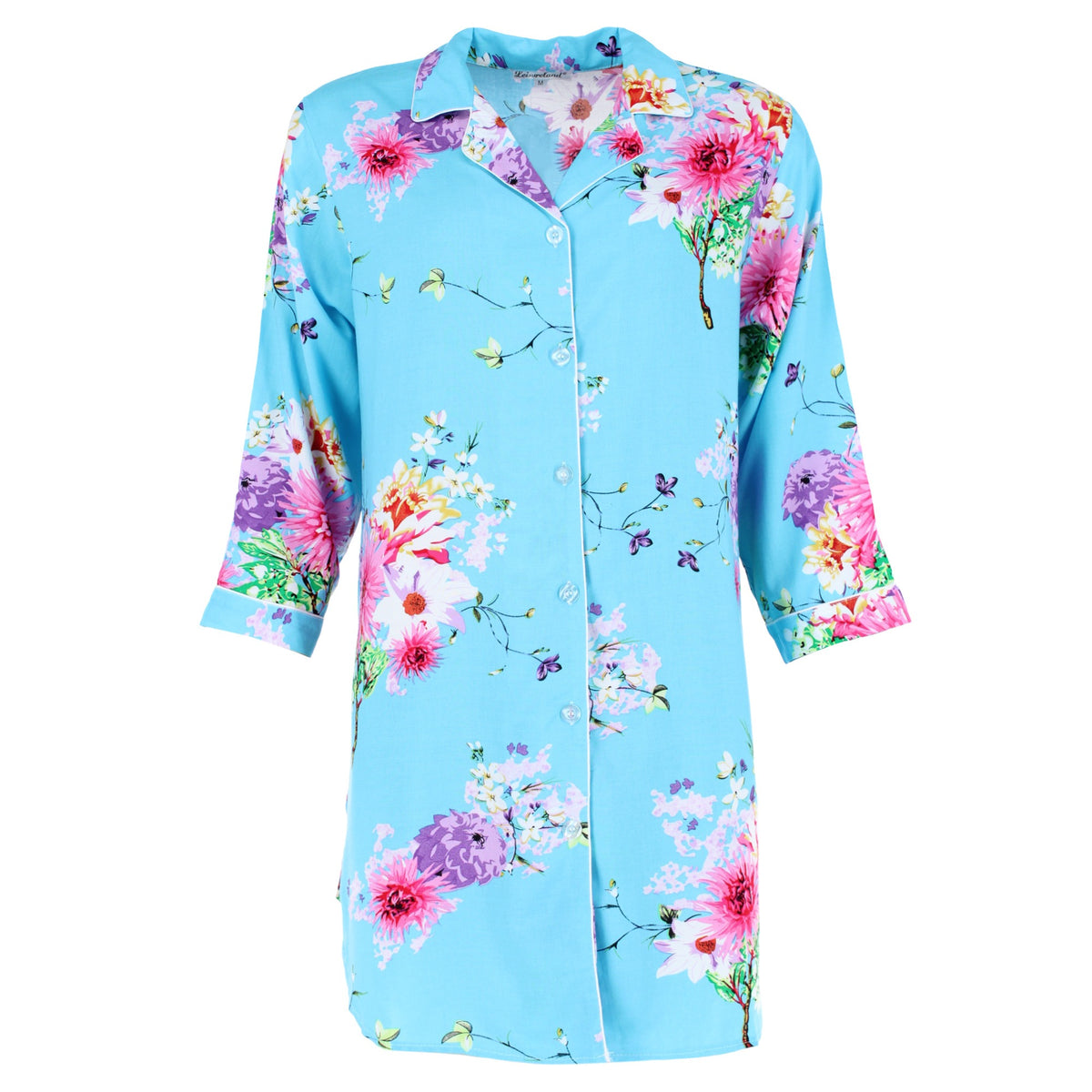 CTM® Women's Long Sleeve Chrysanthemum Floral Nightshirt - Blue