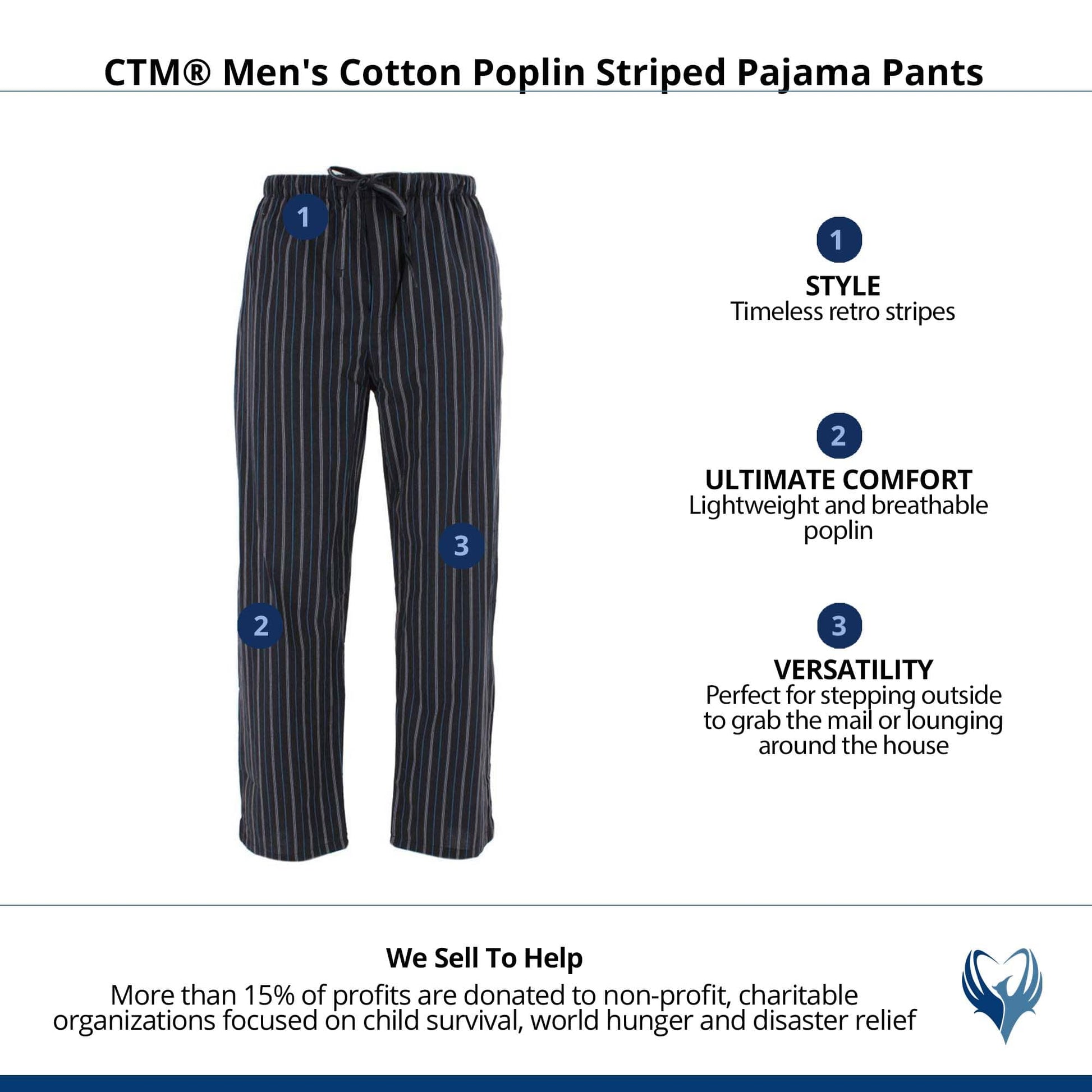 CTM® Men's Cotton Poplin Striped Pajama Pants - Black