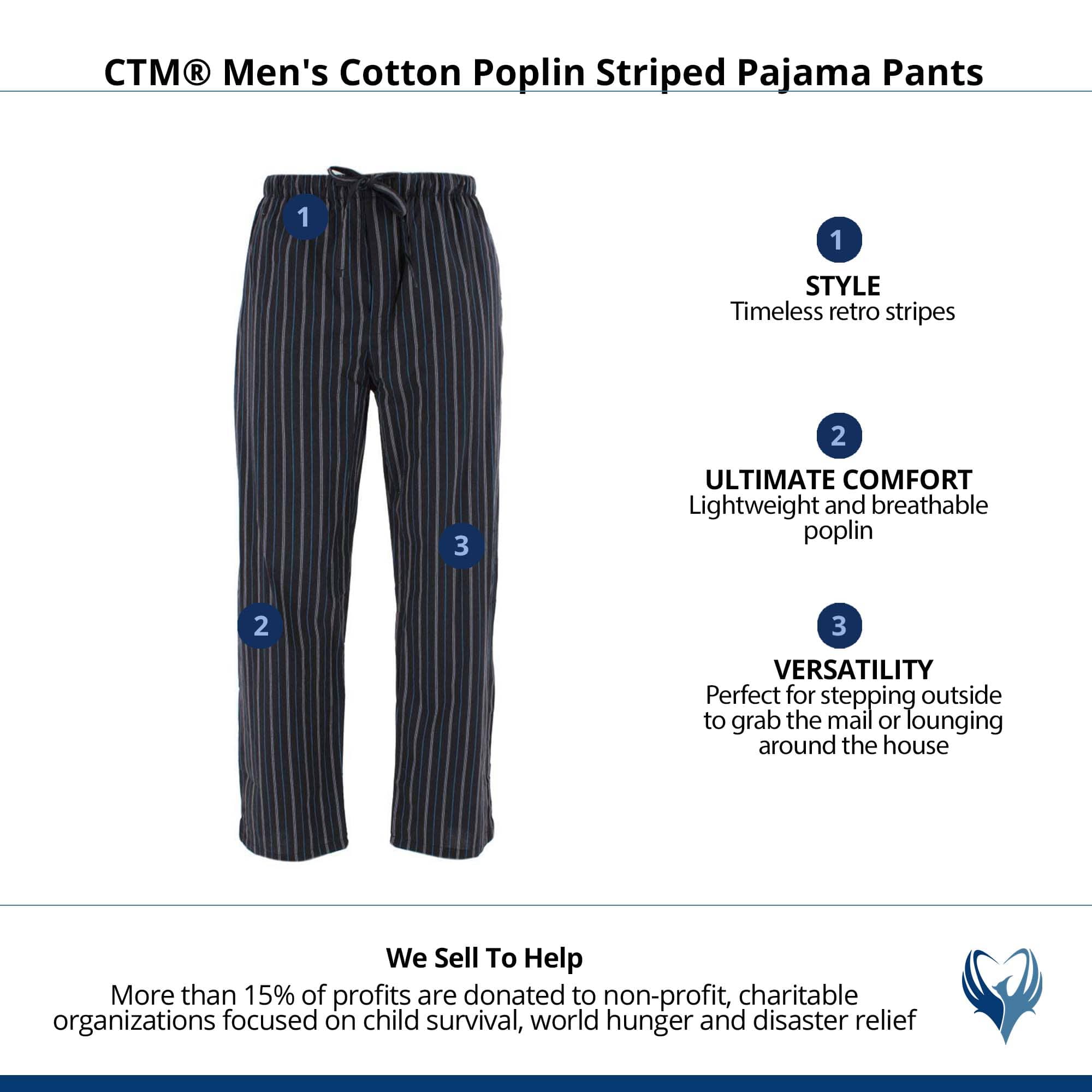 CTM® Men's Cotton Poplin Striped Pajama Pants - Black
