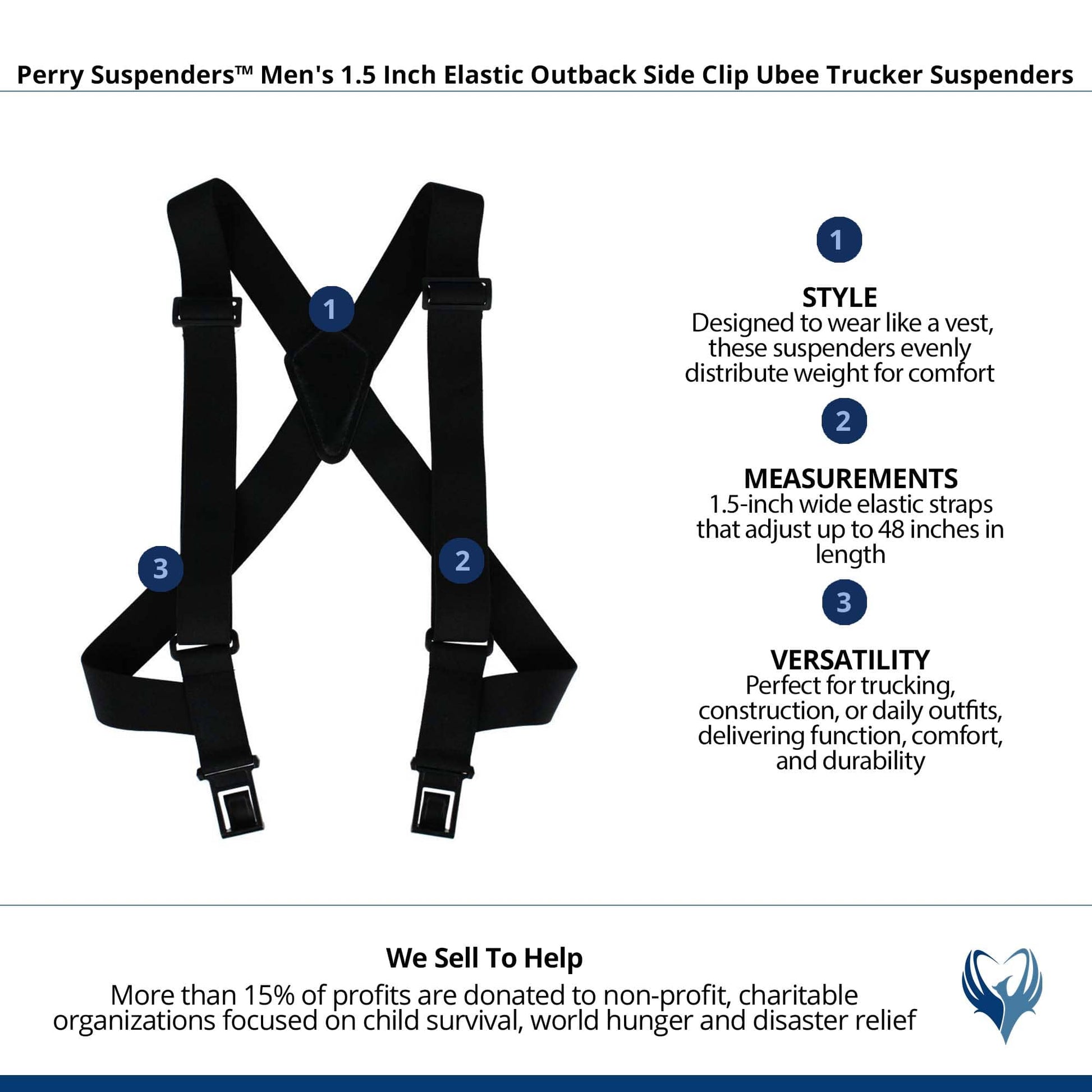 Perry Suspenders™ Men's 1.5 Inch Elastic Outback Ubee Trucker Suspenders - Black