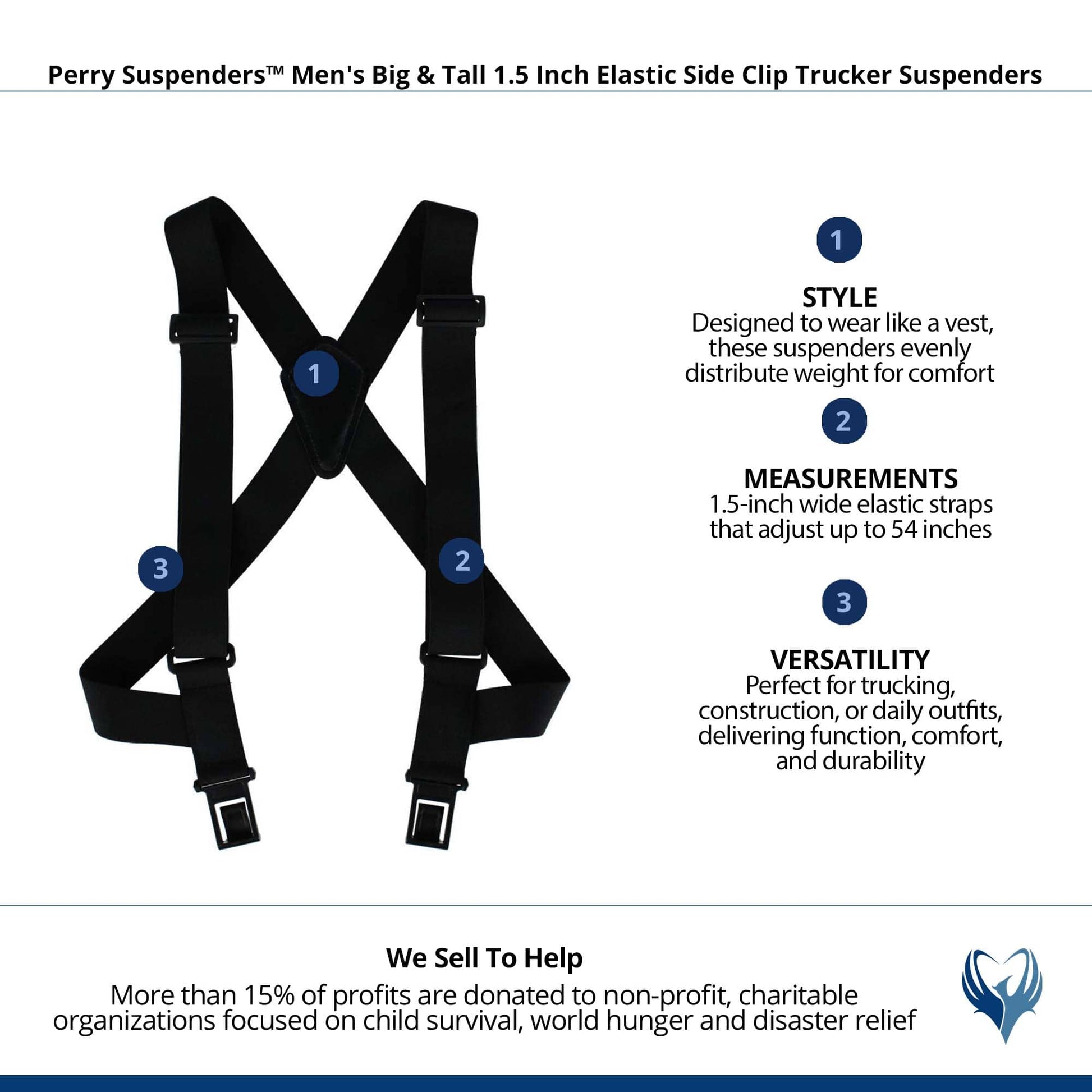 Perry Suspenders™ Men's Big & Tall Elastic Side Clip Trucker Suspenders - Black