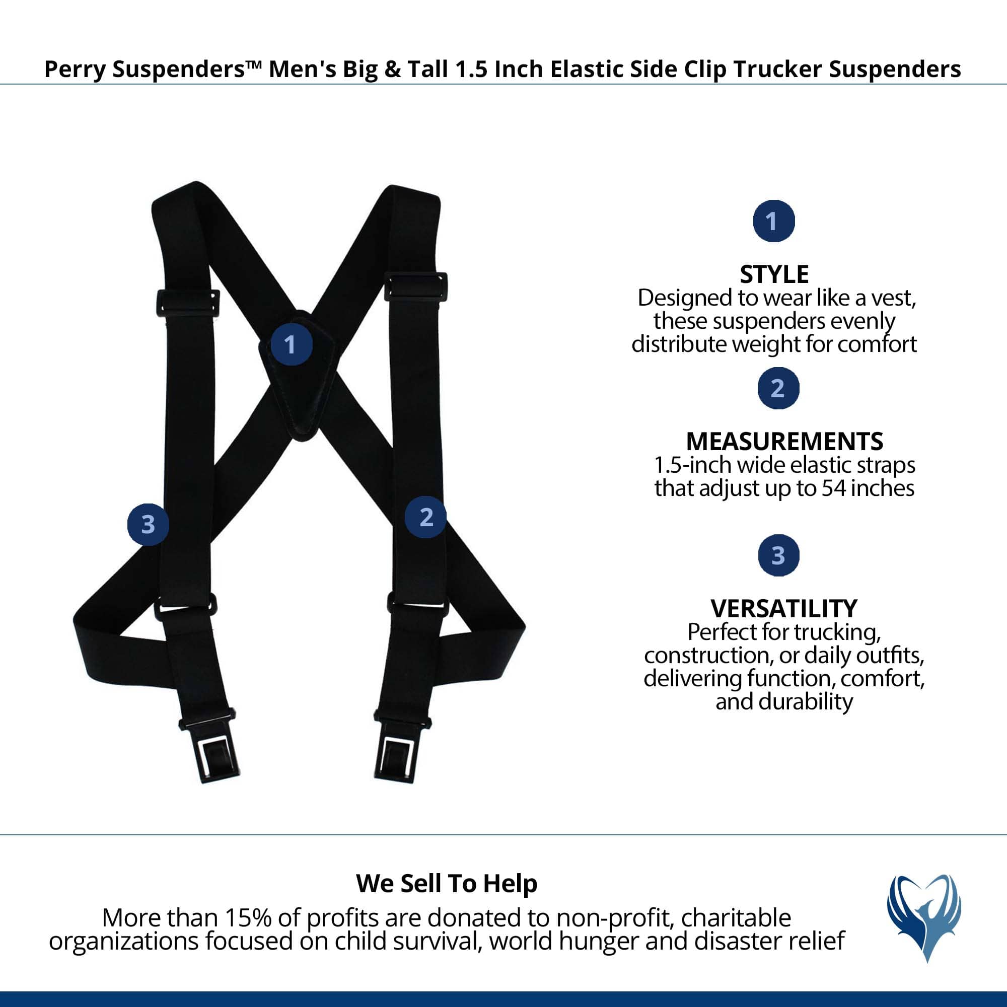 Perry Suspenders™ Men's Big & Tall Elastic Side Clip Trucker Suspenders - Black