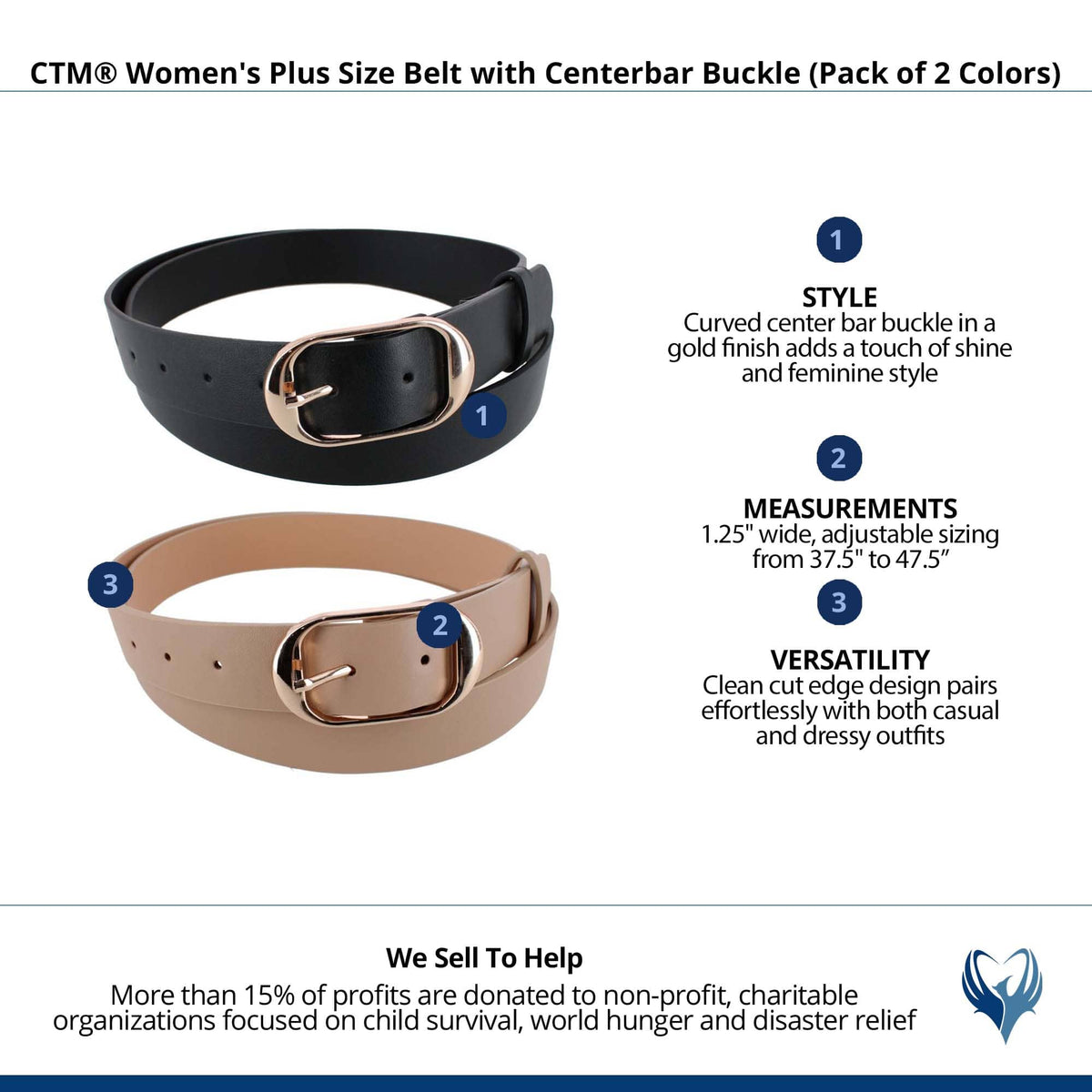 CTM® Women's Plus Size Belt with Centerbar Buckle (Pack of 2 Colors) - Black & Beige