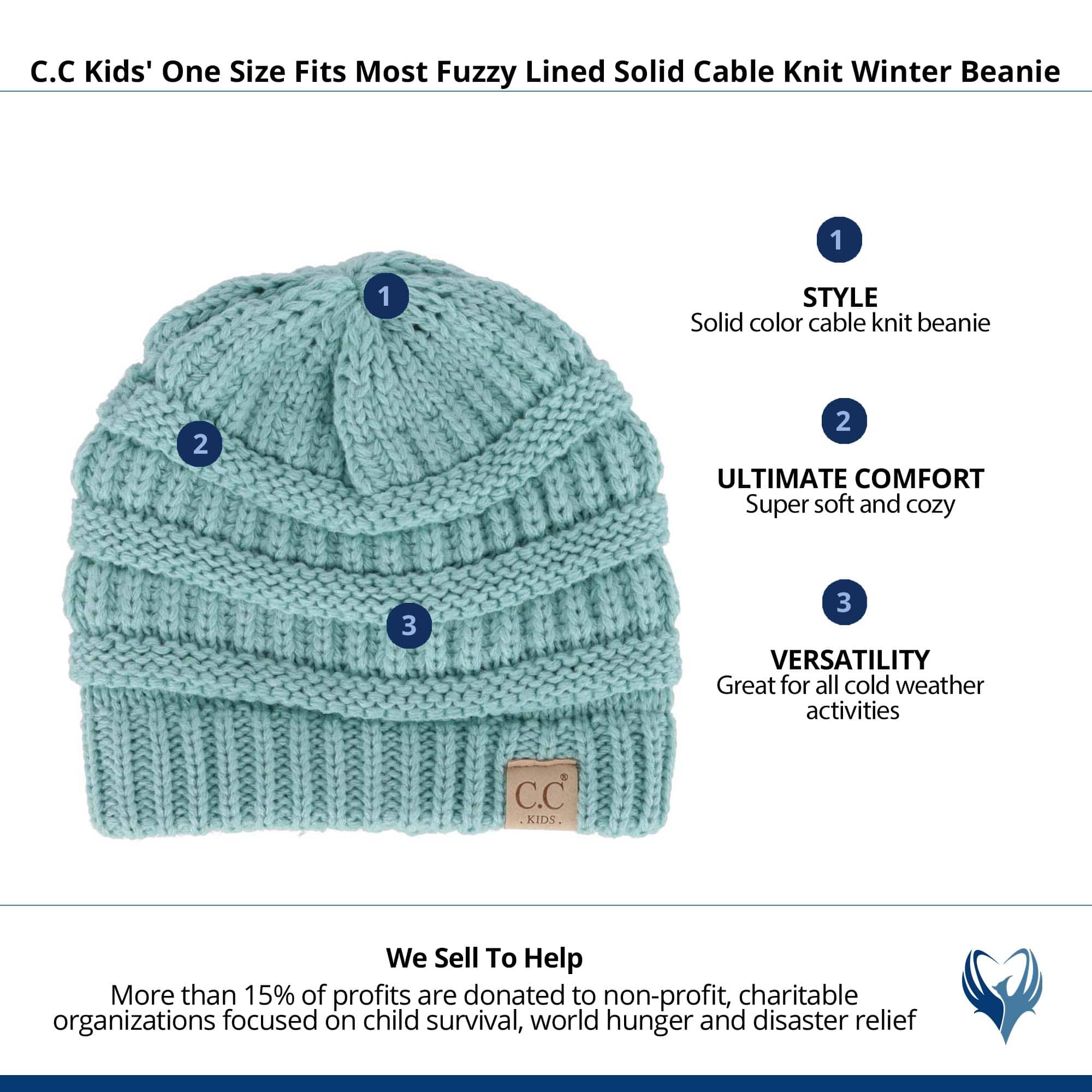 C.C Kids' One Size (2-5) Fuzzy Lined Solid Cable Knit Winter Beanie - Mint