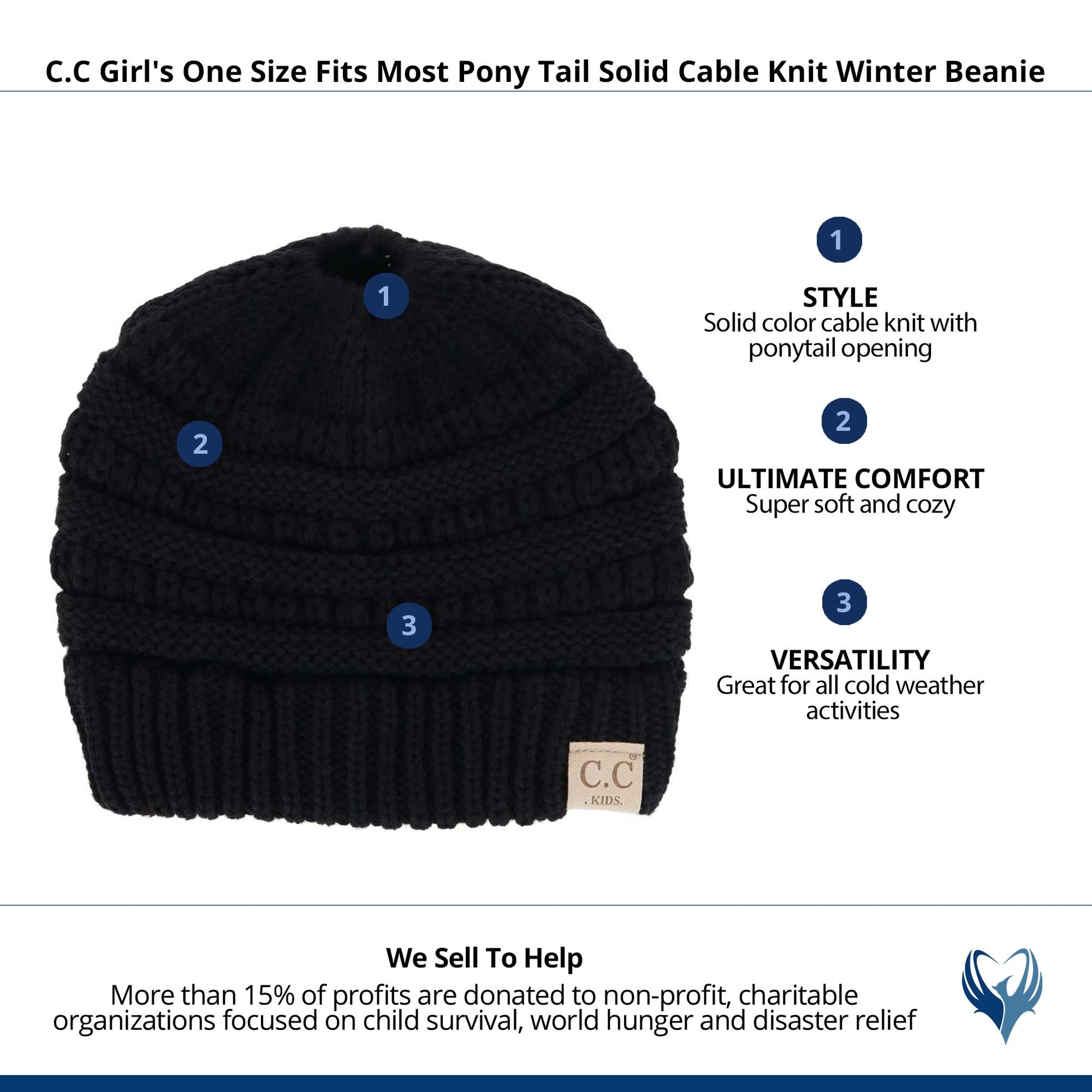 C.C Girl's One Size (2-5) Pony Tail Solid Cable Knit Winter Beanie - Black