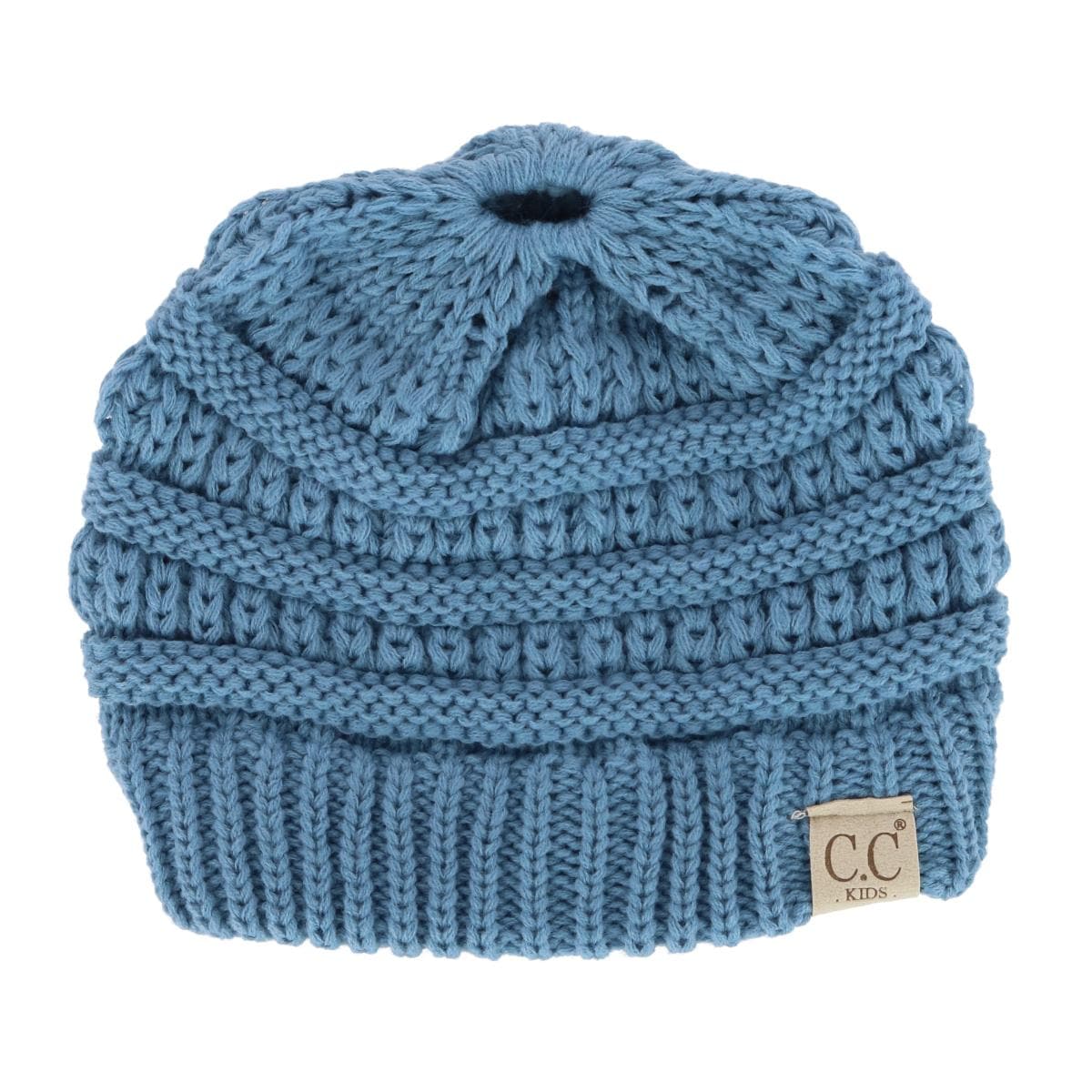 C.C Girl's One Size (2-5) Pony Tail Solid Cable Knit Winter Beanie - Denim