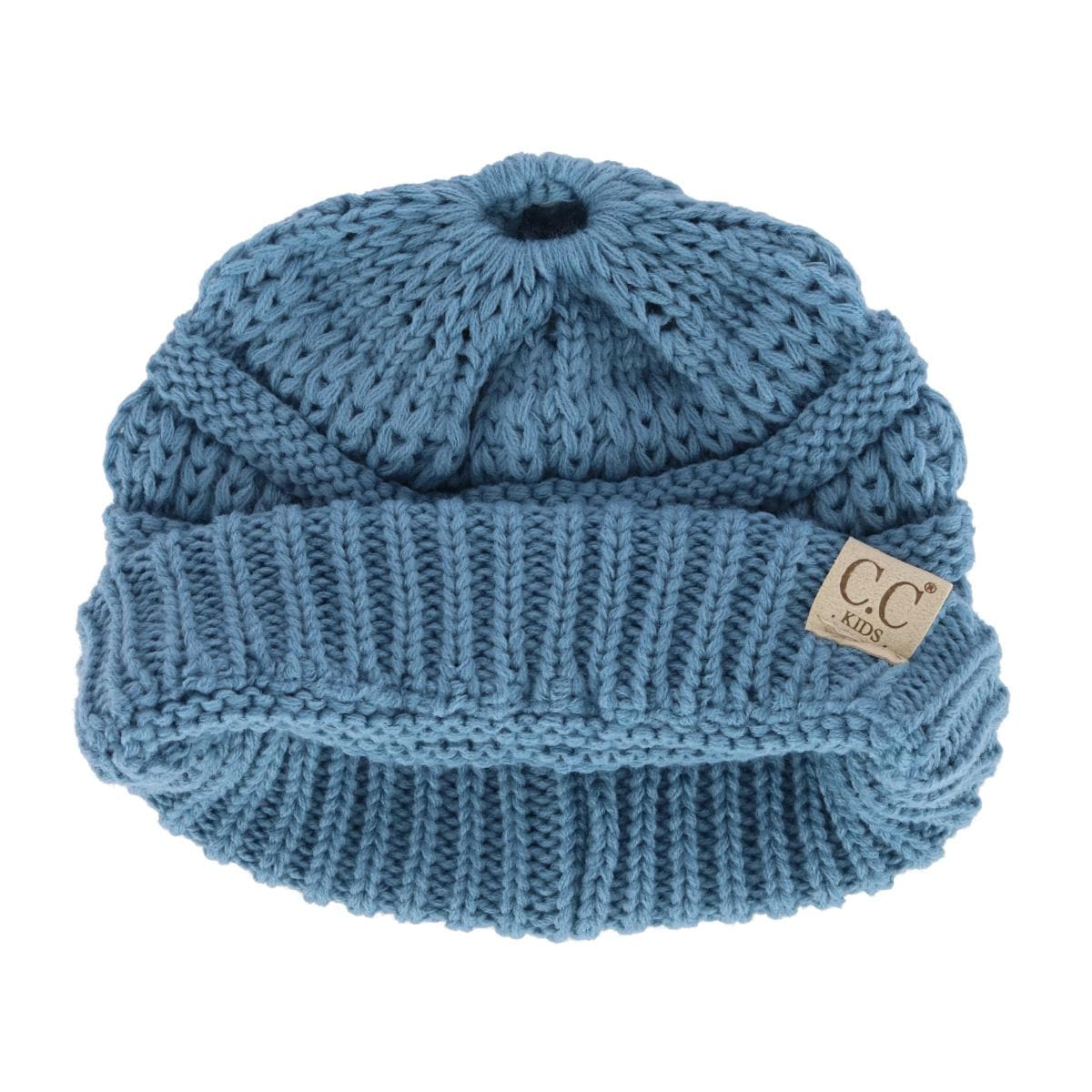 C.C Girl's One Size (2-5) Pony Tail Solid Cable Knit Winter Beanie - Denim