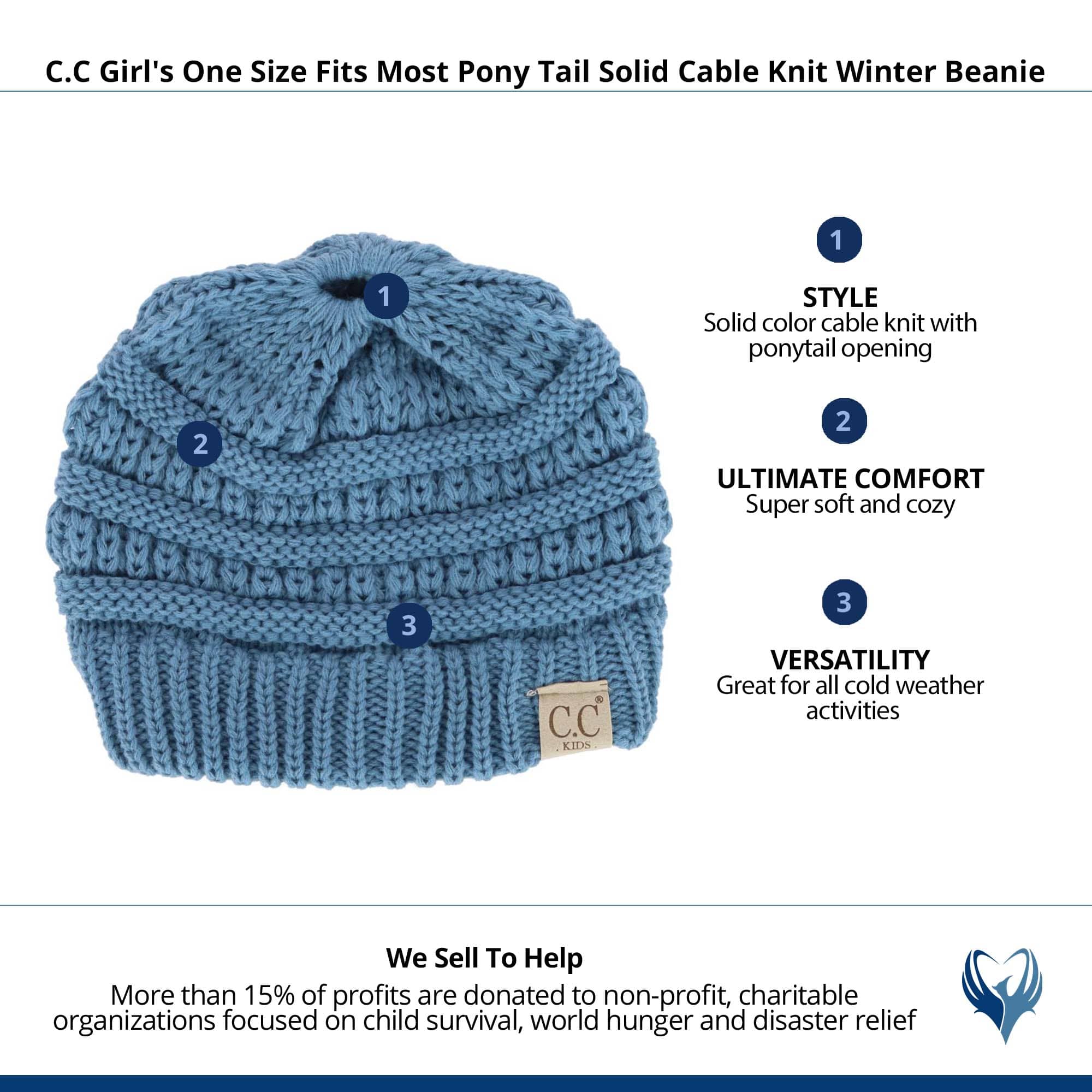 C.C Girl's One Size (2-5) Pony Tail Solid Cable Knit Winter Beanie - Denim