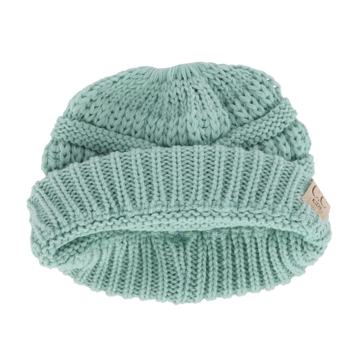 C.C Girl's One Size (2-5) Pony Tail Solid Cable Knit Winter Beanie - Mint