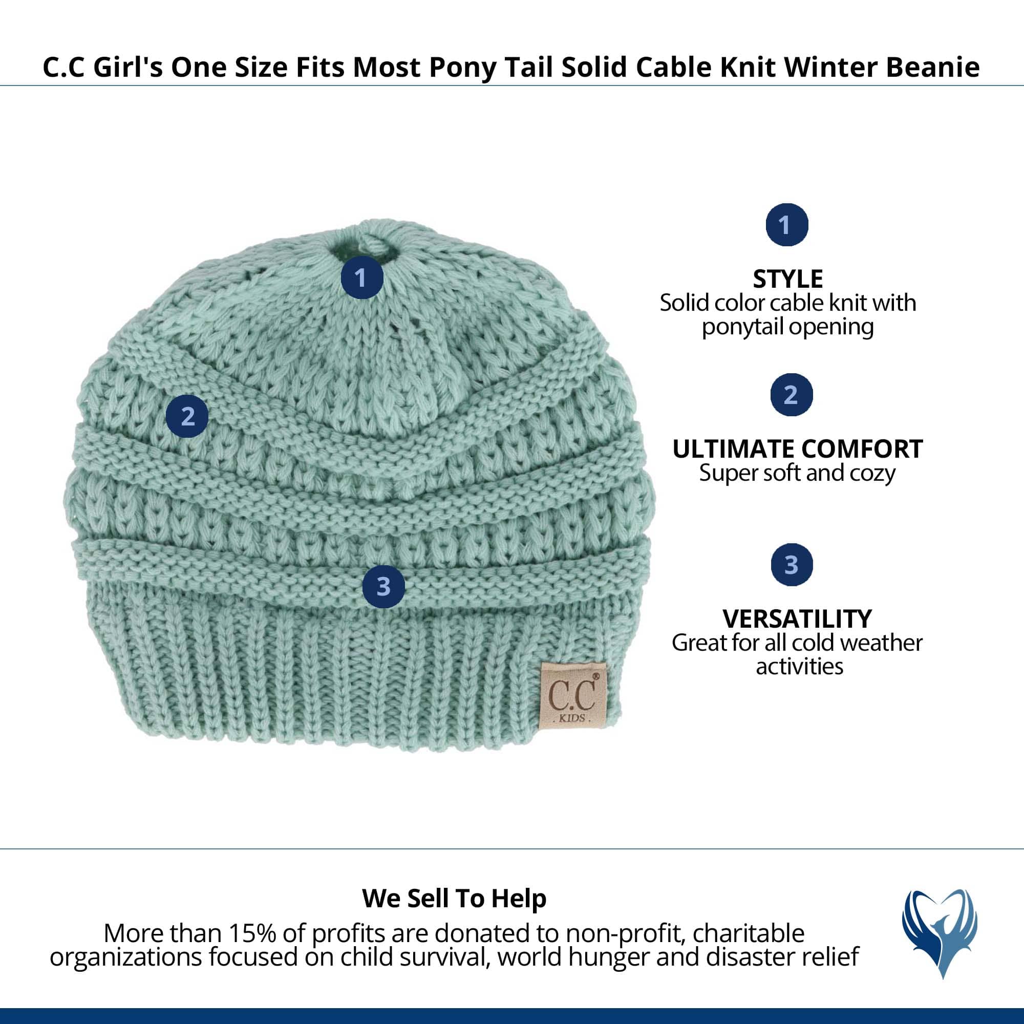 C.C Girl's One Size (2-5) Pony Tail Solid Cable Knit Winter Beanie - Mint