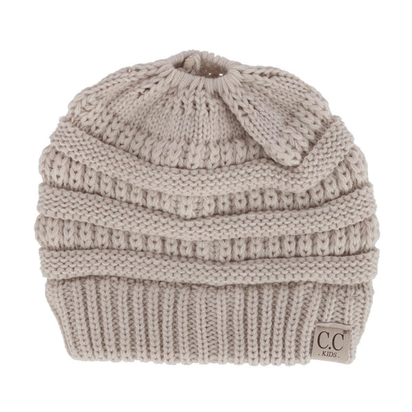 Girl's One Size (2-5) Pony Tail Solid Cable Knit Winter Beanie