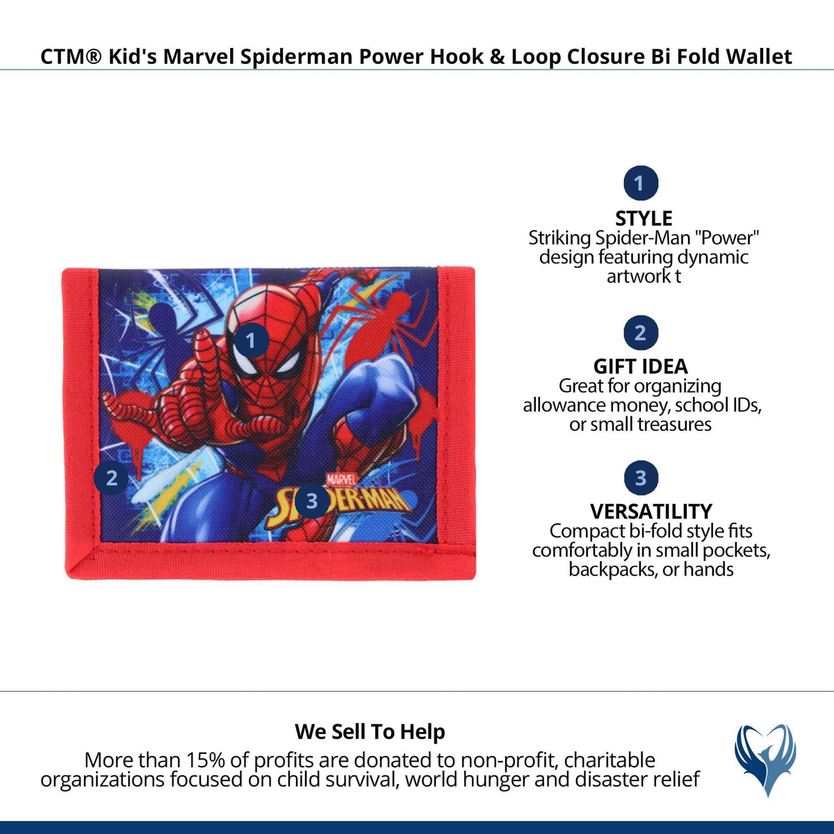 CTM® Kid's Marvel Spiderman Power Hook & Loop Closure Bi Fold Wallet - Blue