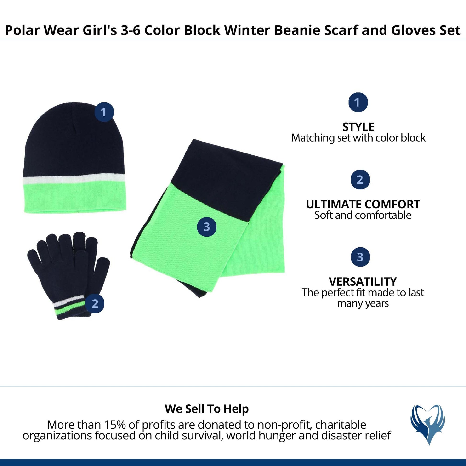 Polar Wear Girl's 3-6 Color Block Winter Beanie Scarf and Gloves Set - Green